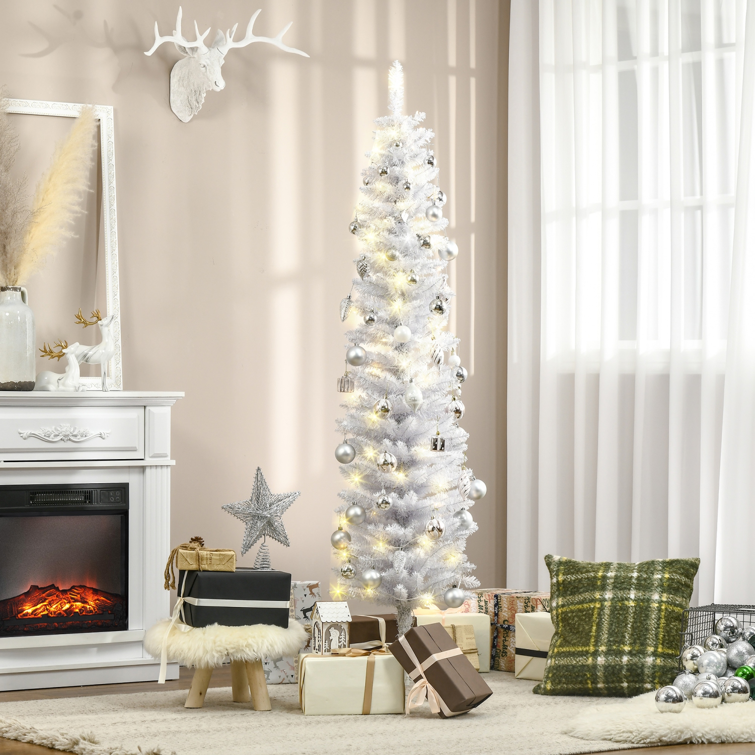 6&nbsp;pi de HOMCOM. Grand arbre de Noël artificiel illuminé, décoration des Fêtes avec 395 branches réalistes, 100 lumières LED, base en métal