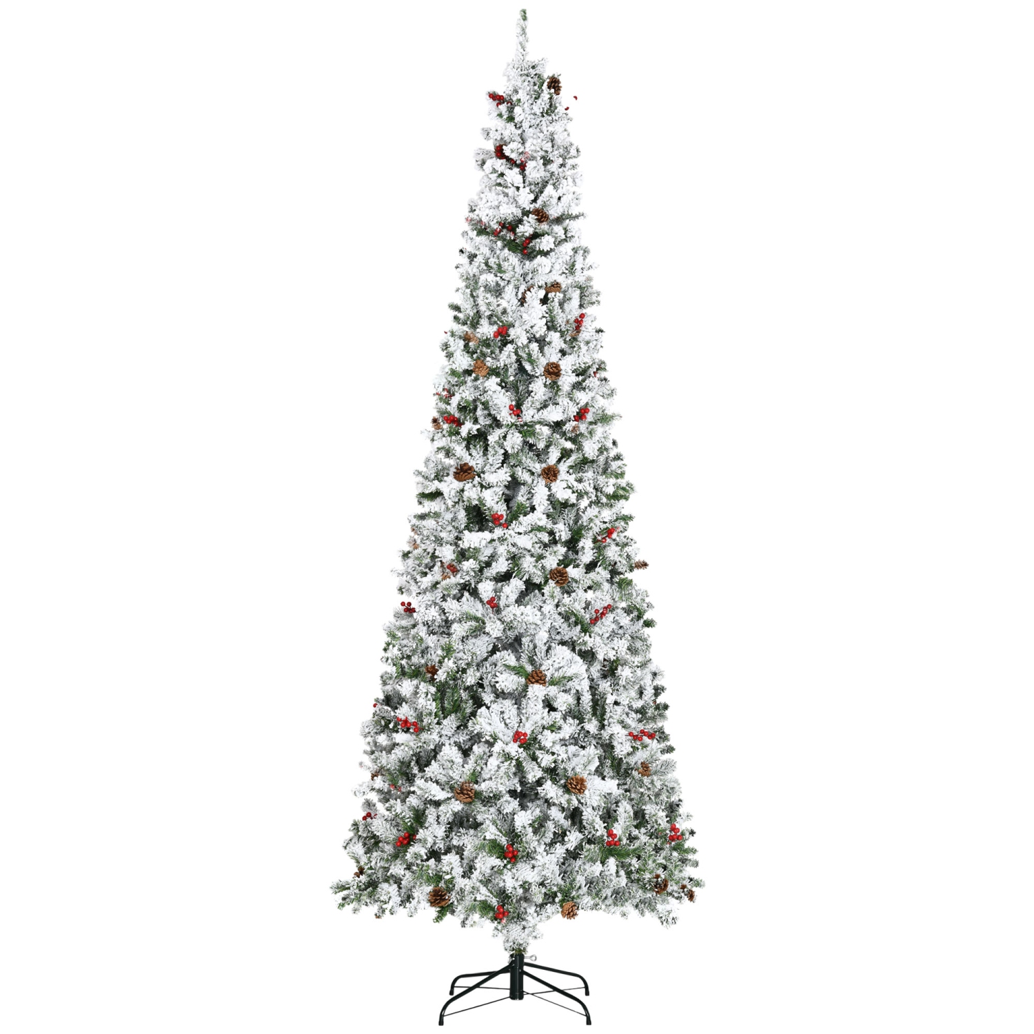 HOMCOM – Arbre de Noël artificiel floqué avec branches réalistes en pin, cônes en pin, baies rouges, ouverture automatique, vert, 9 pi