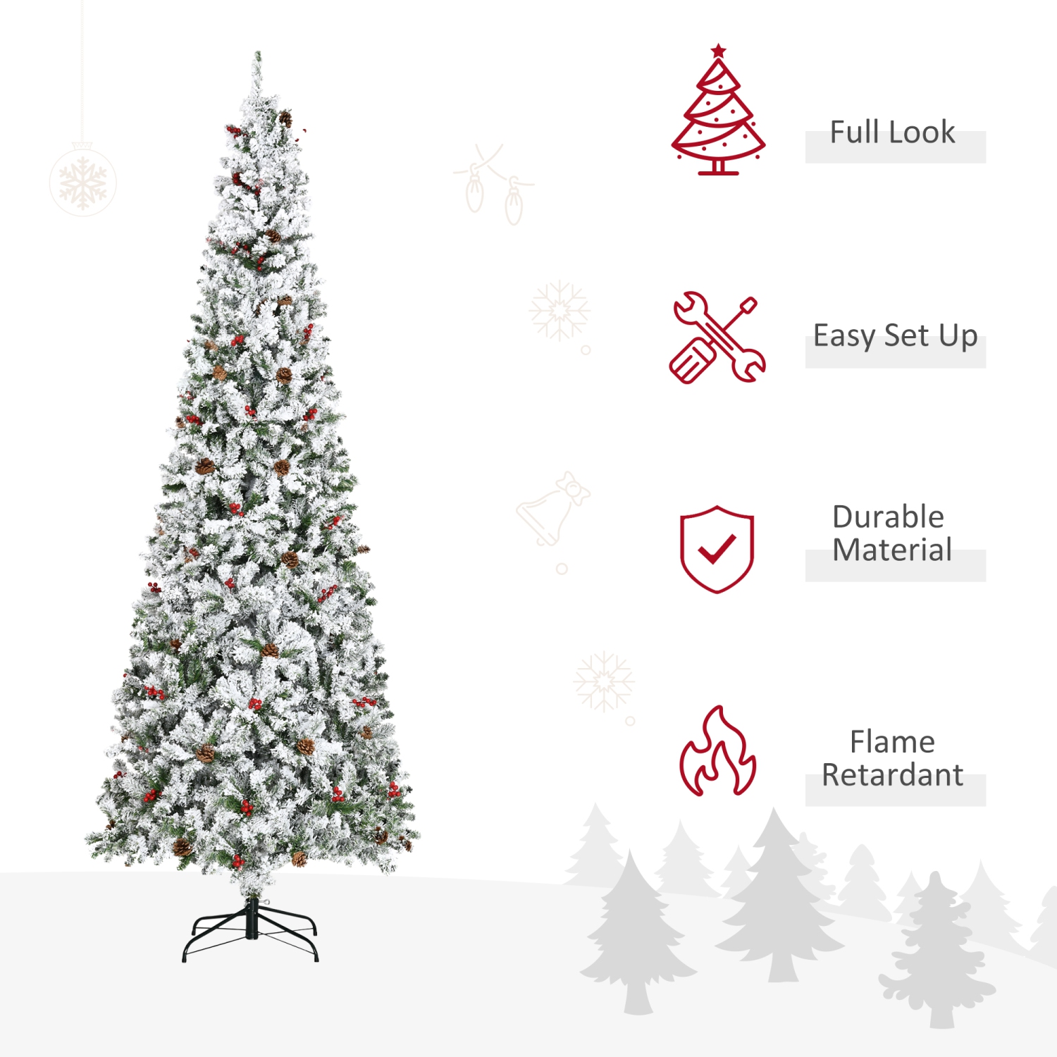 HOMCOM – Arbre de Noël artificiel floqué avec branches réalistes en pin, cônes en pin, baies rouges, ouverture automatique, vert, 9 pi