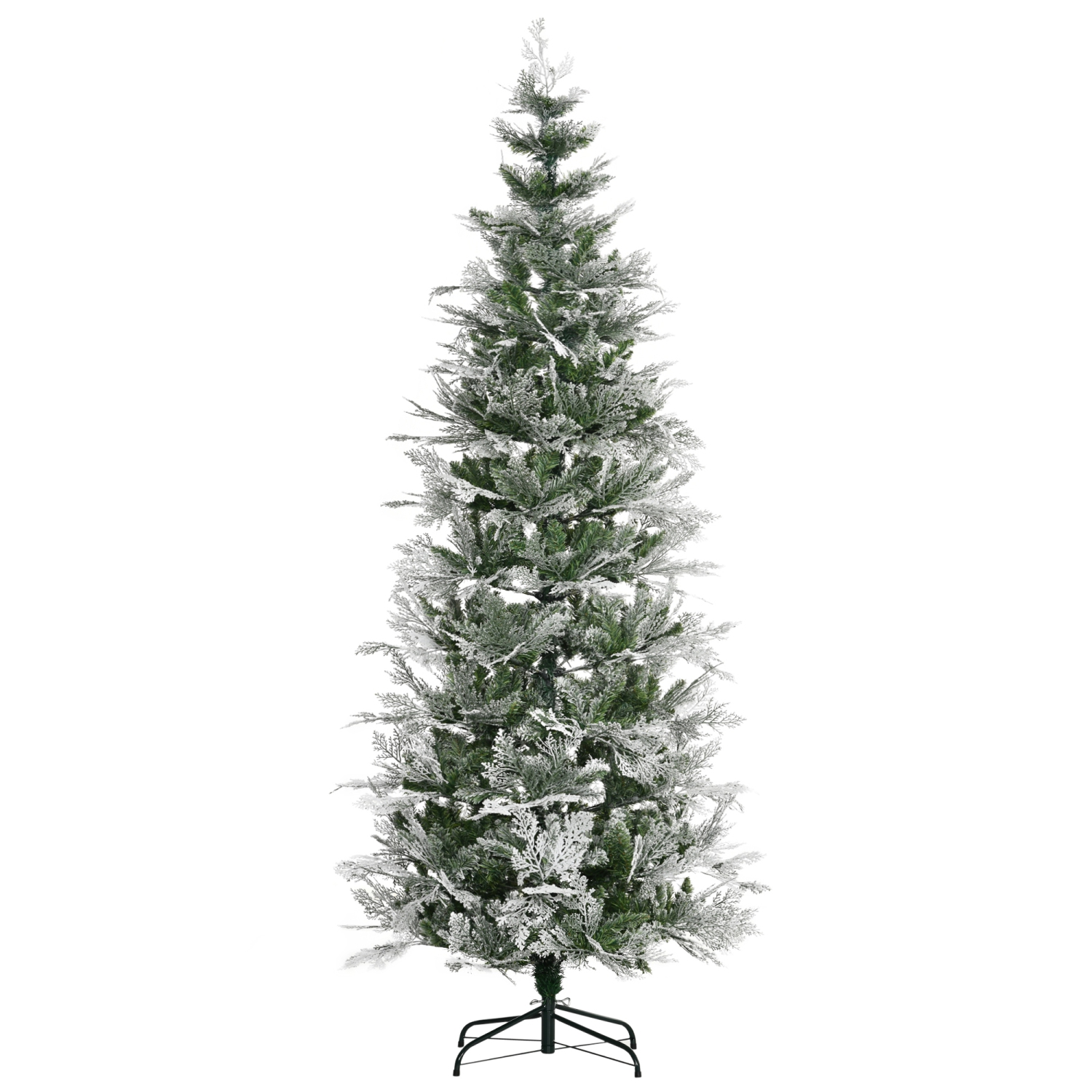 HOMCOM 7.5 FT Pencil Snow Flocked Artificial Christmas Tree with Realistic Cypress Branches, Auto Open, Green