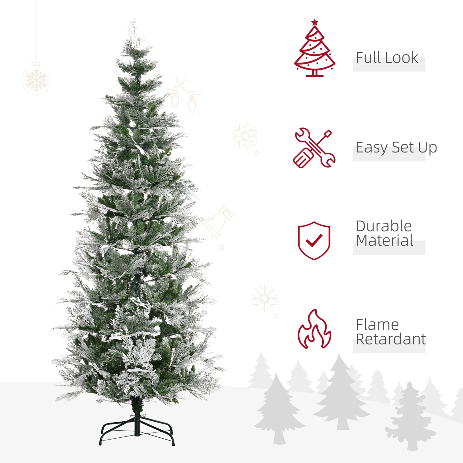 HOMCOM 7.5 FT Pencil Snow Flocked Artificial Christmas Tree with Realistic Cypress Branches, Auto Open, Green