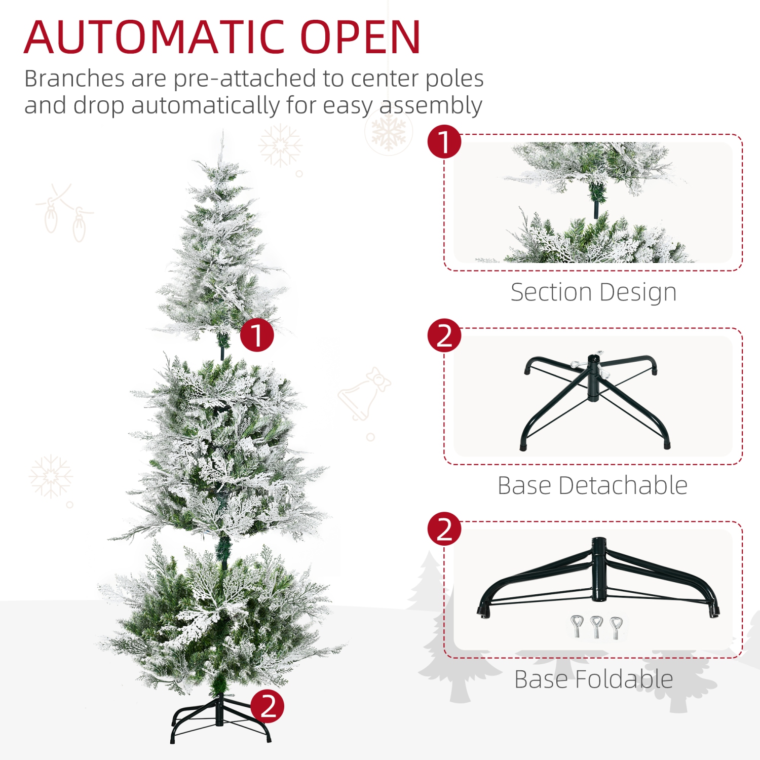 HOMCOM 6 FT Pencil Snow Flocked Artificial Christmas Tree with Realistic Cypress Branches, Auto Open, Green