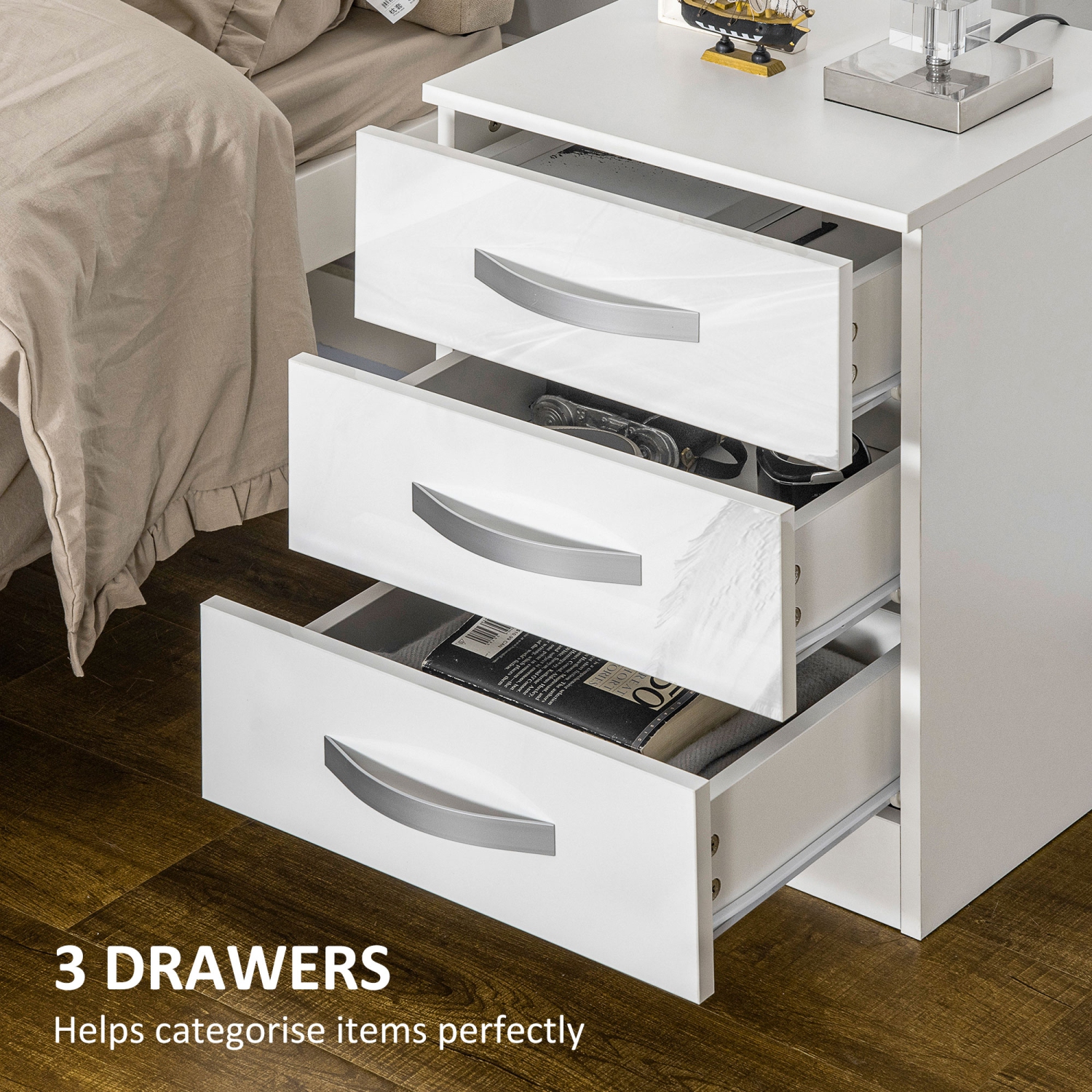 HOMCOM Modern Nightstand Set of 2, Bedside Tables with 3 High Gloss Drawers for Bedroom, White