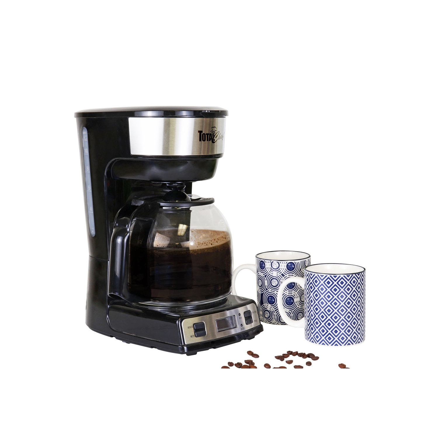 Total Chef 12-Cup Programmable Coffee Maker, Stainless Steel Drip Coffee Machine with Glass Carafe and Reusable Basket Filter, Black and Silver