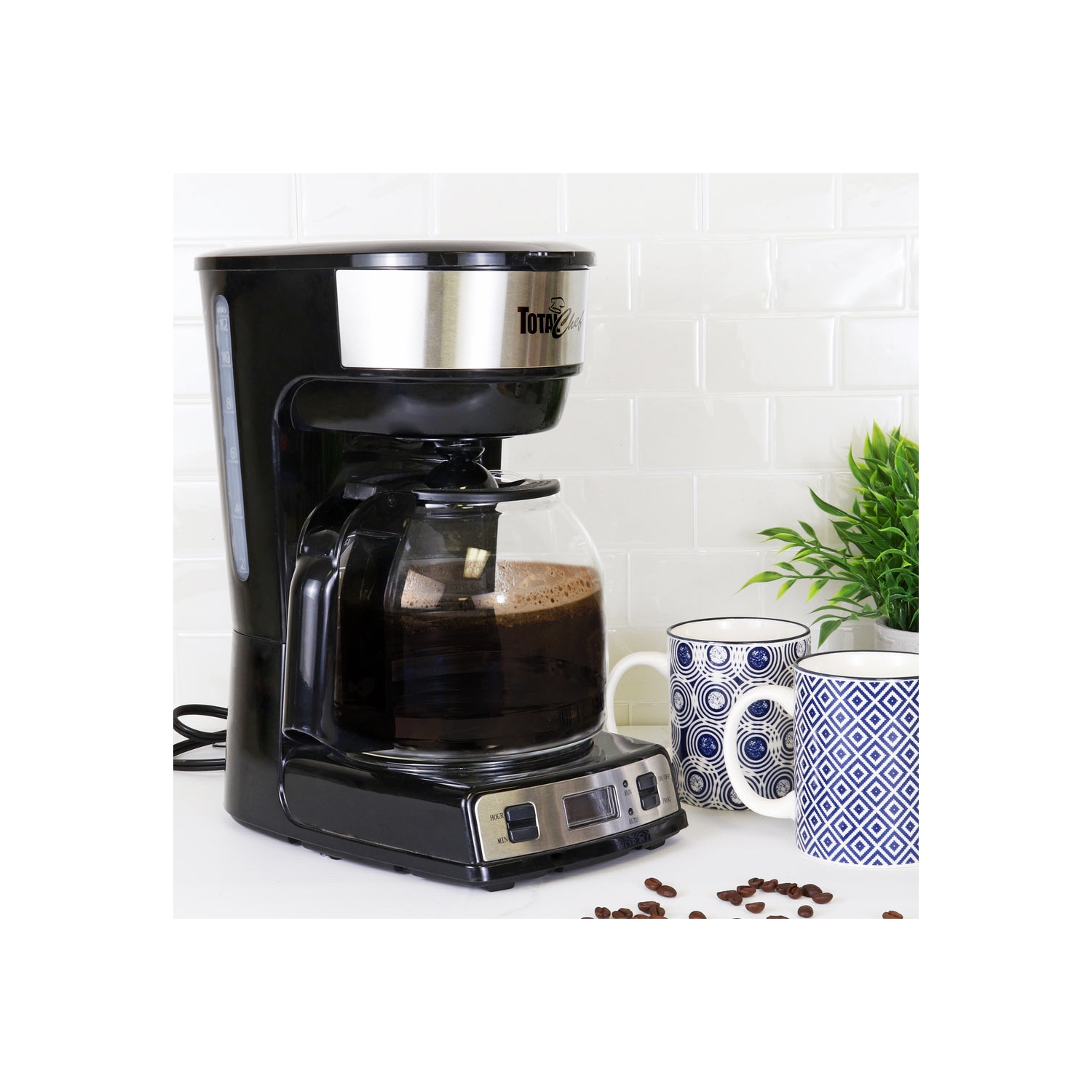 Total Chef 12-Cup Programmable Coffee Maker, Stainless Steel Drip Coffee Machine with Glass Carafe and Reusable Basket Filter, Black and Silver