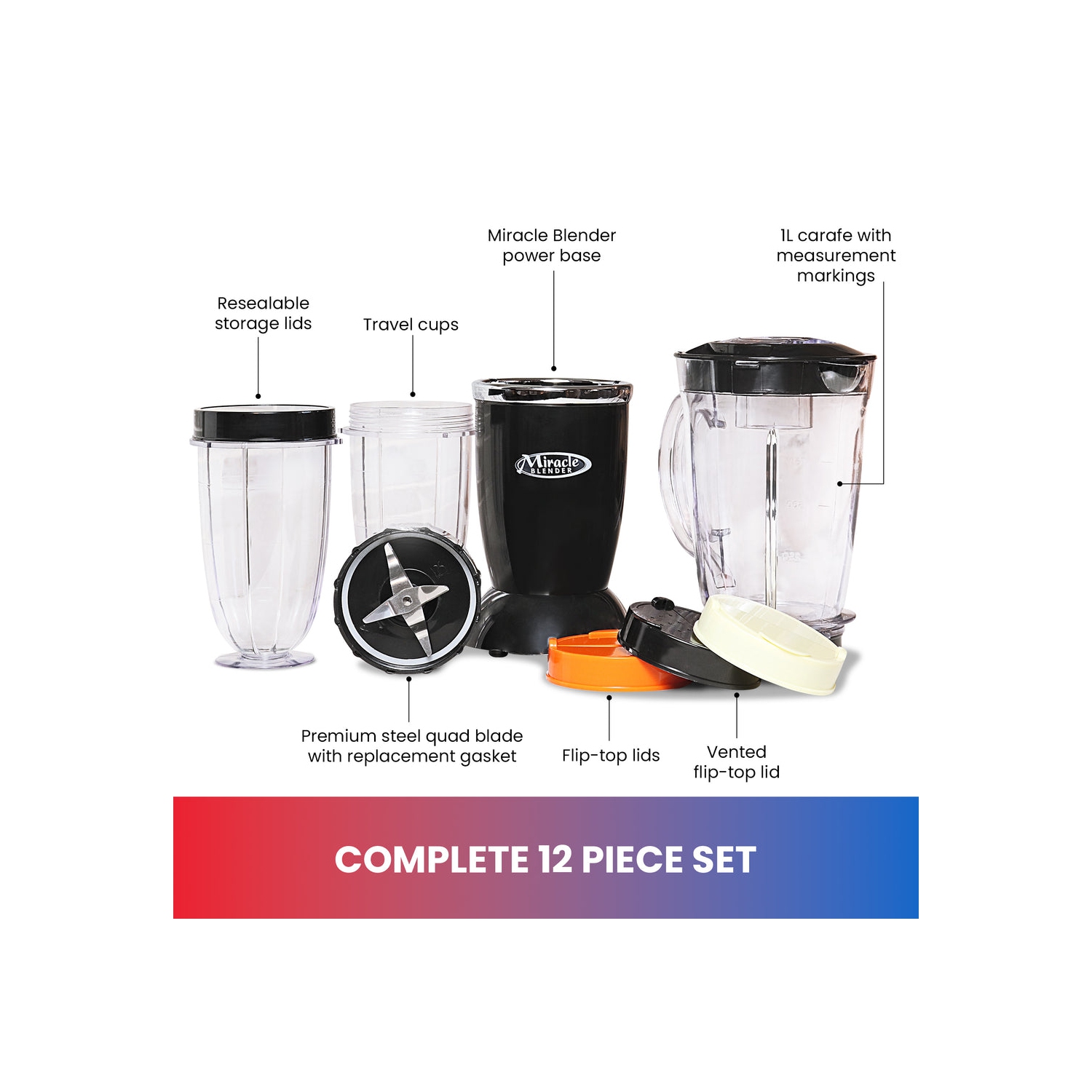 Total Chef Miracle Blender, 12 pc Bullet Blender Set with Heavy Duty Quad Blade, 1L Carafe, Travel Cups and Lids, Dishwasher-Safe Accessories, for