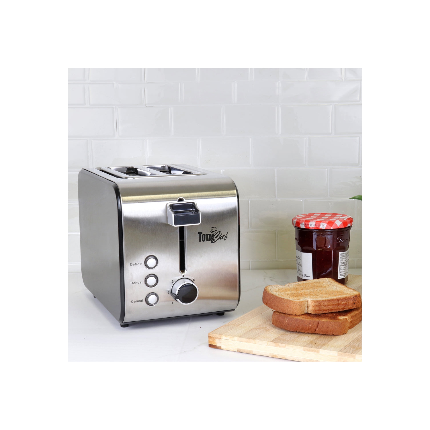 Grille-pain 2 tranches à fentes larges Total chef avec 7 réglages de brunissement, acier inoxydable, décongélation et réchauffage, ramasse-miettes