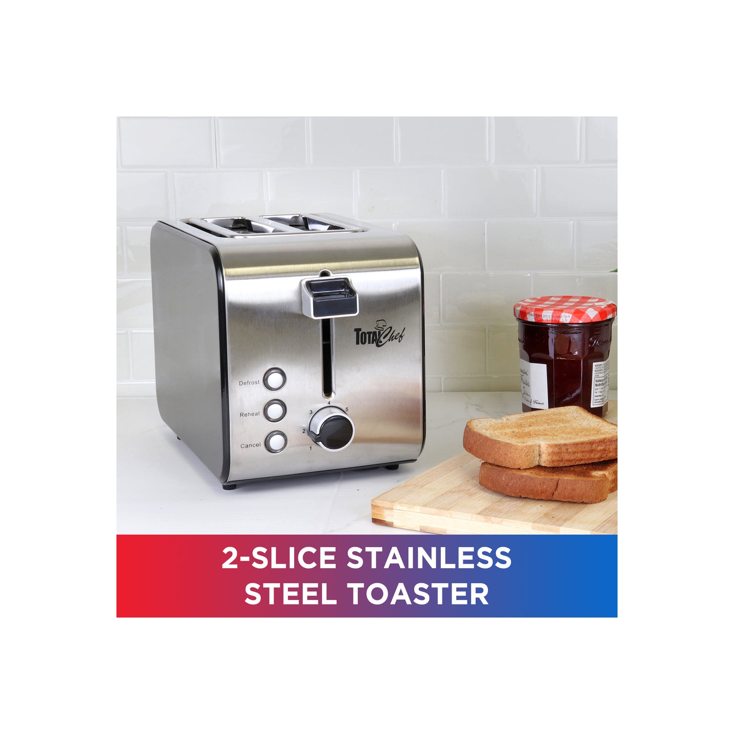 Grille-pain 2 tranches à fentes larges Total chef avec 7 réglages de brunissement, acier inoxydable, décongélation et réchauffage, ramasse-miettes