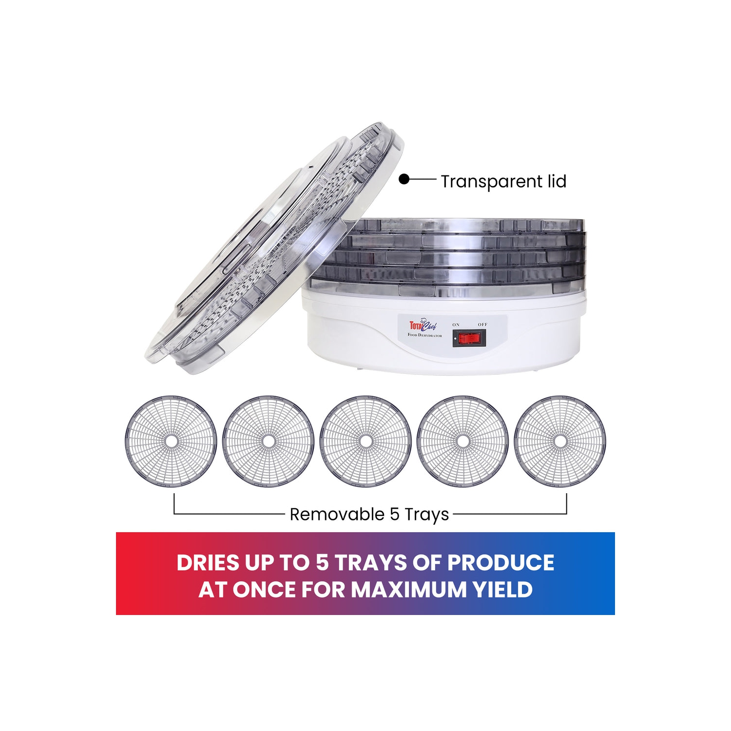 Déshydrateur de comptoir Total chef, 5 plateaux, conception supérieure Air Flow, pour collations aux fruits, charqui, viande, légumes, Herbes,