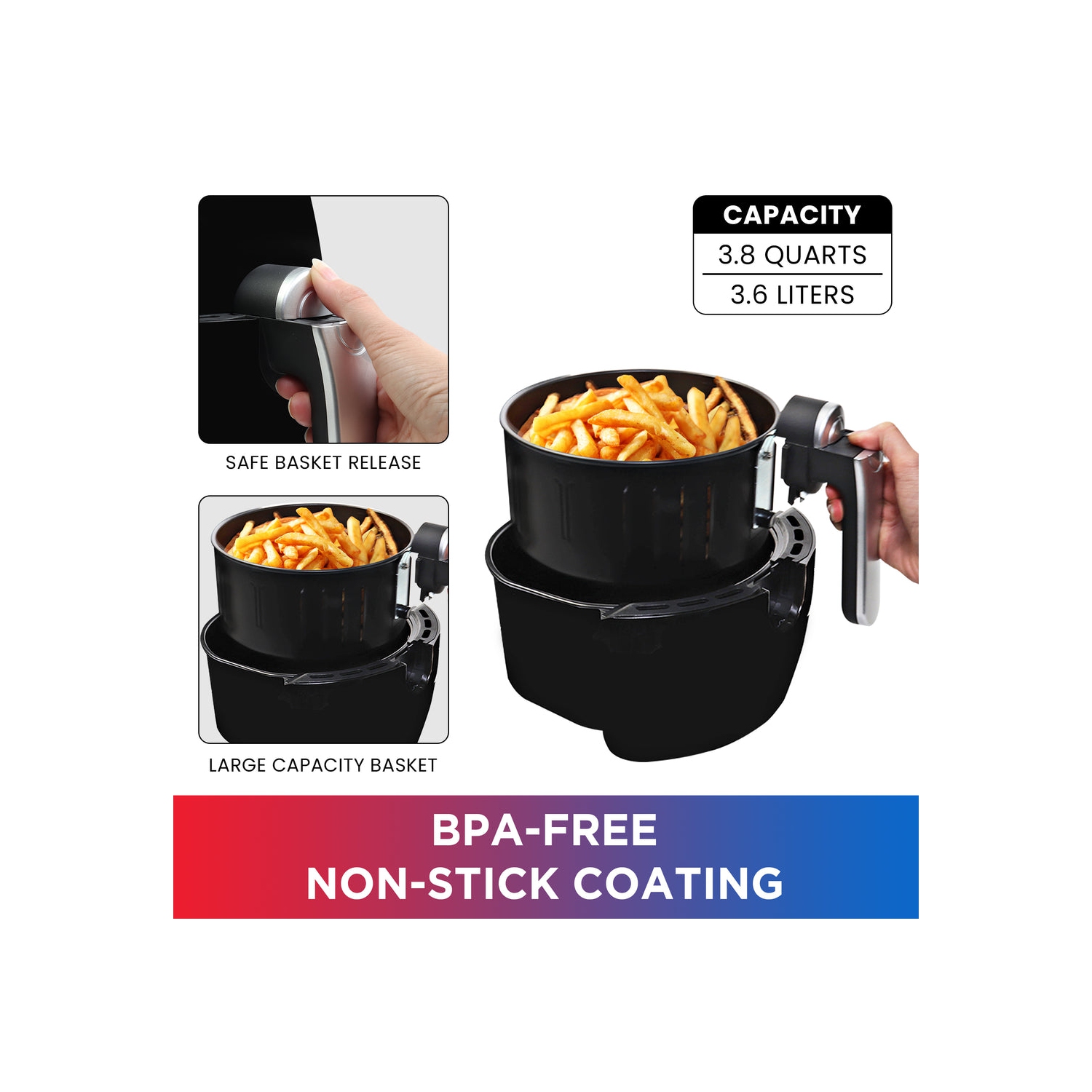Total Chef Electric Air Fryer Oven 3.8QT/3.6L, Digital Touchscreen Controls, 7 Smart Cooking Presets, Adjustable Temperature and Timer, Non-Stick