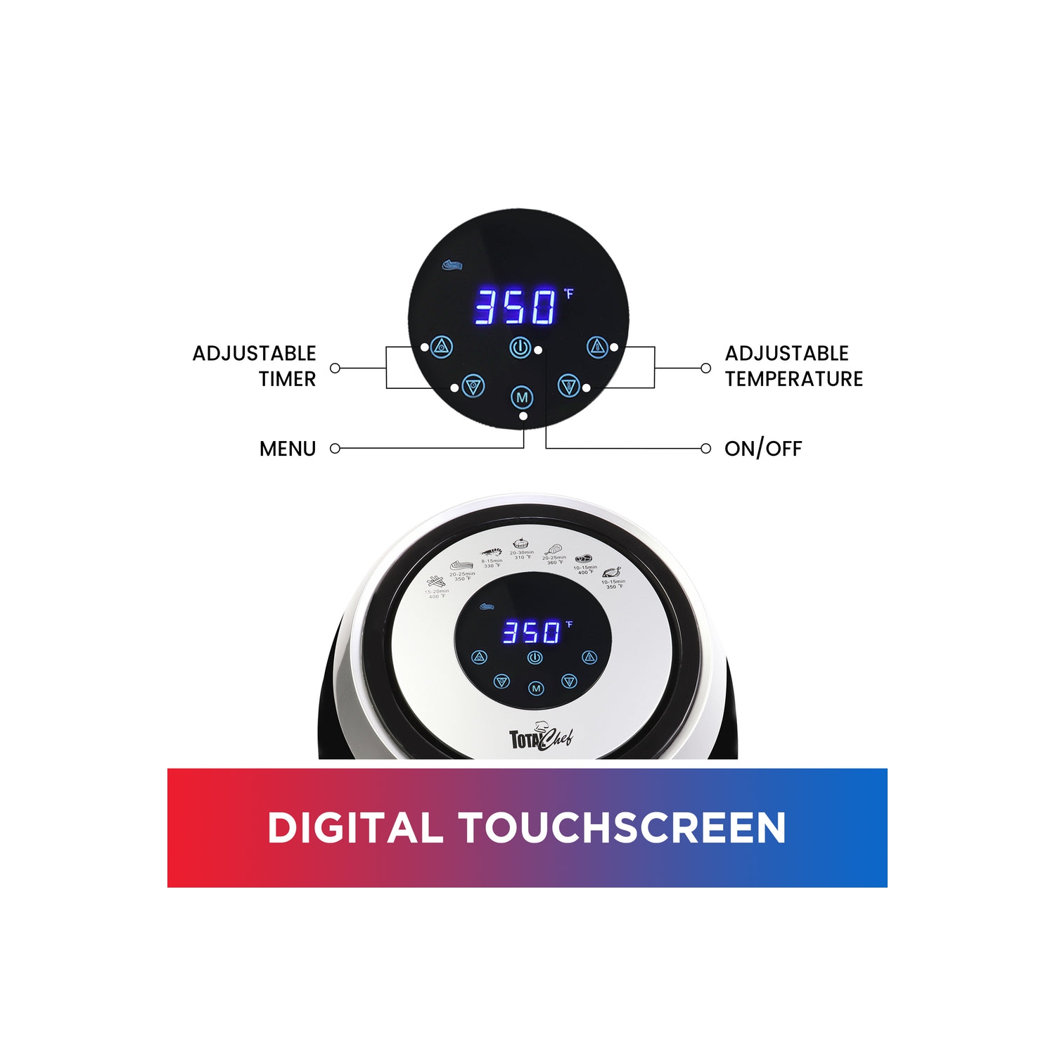 Total Chef Electric Air Fryer Oven 3.8QT/3.6L, Digital Touchscreen Controls, 7 Smart Cooking Presets, Adjustable Temperature and Timer, Non-Stick