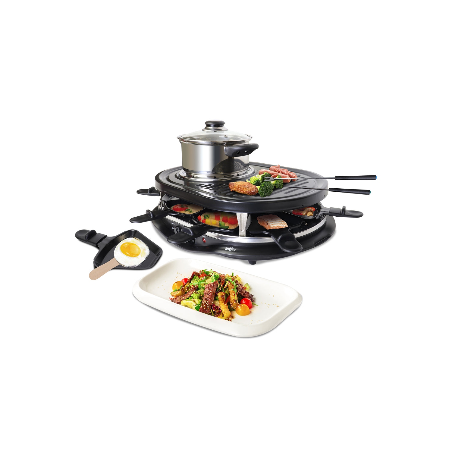 Total Chef 8 Person Raclette and Cheese Fondue Set with Granite Stone, Non-Stick Electric Indoor Grill, Accessories Included, Ideal for Holidays and Family Dinners, Black