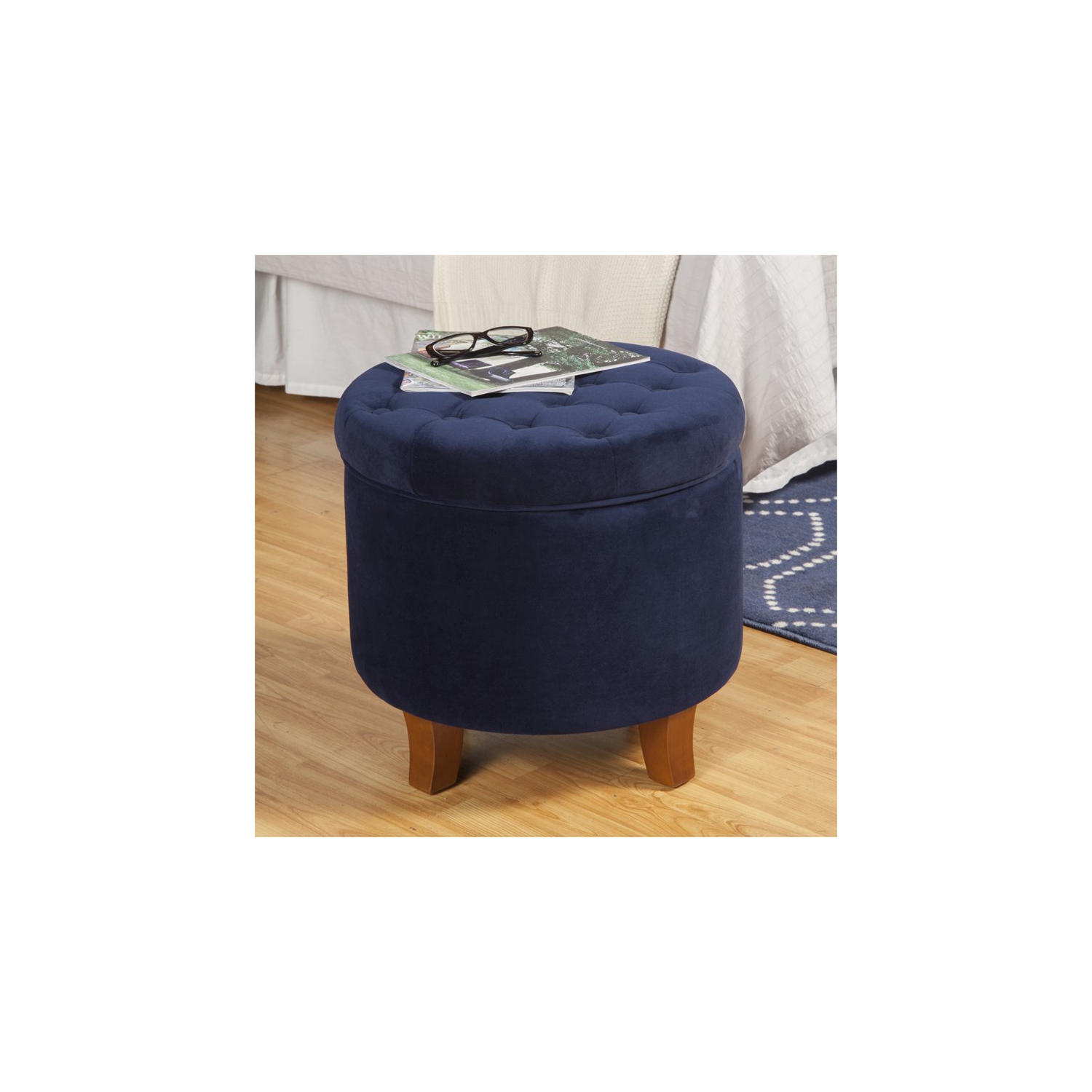 HomePop Round Transitional Wood and Velvet Ottoman with Storage in Dark Blue