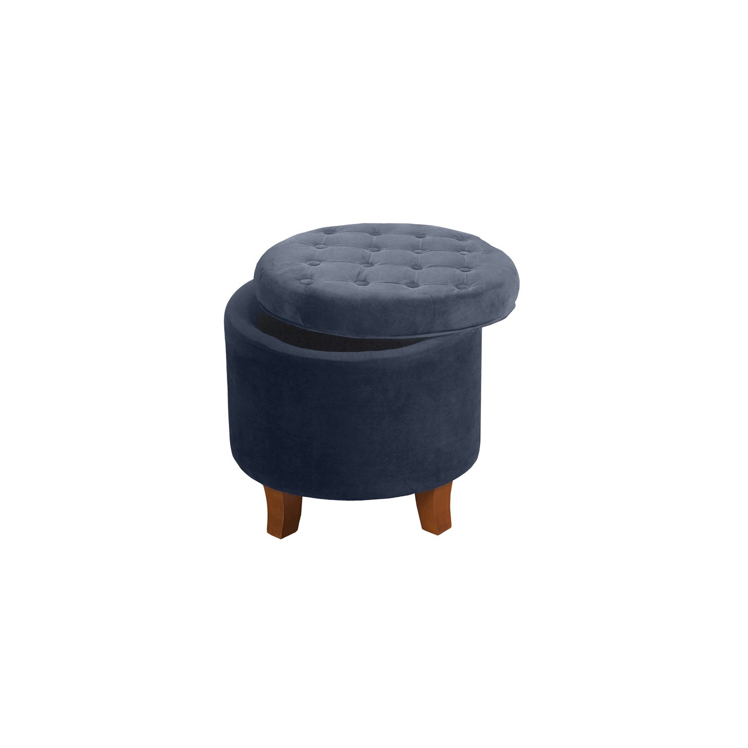 HomePop Round Transitional Wood and Velvet Ottoman with Storage in Dark Blue