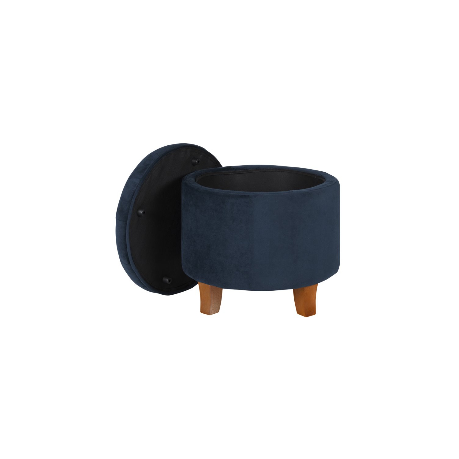 HomePop Round Transitional Wood and Velvet Ottoman with Storage in Dark Blue