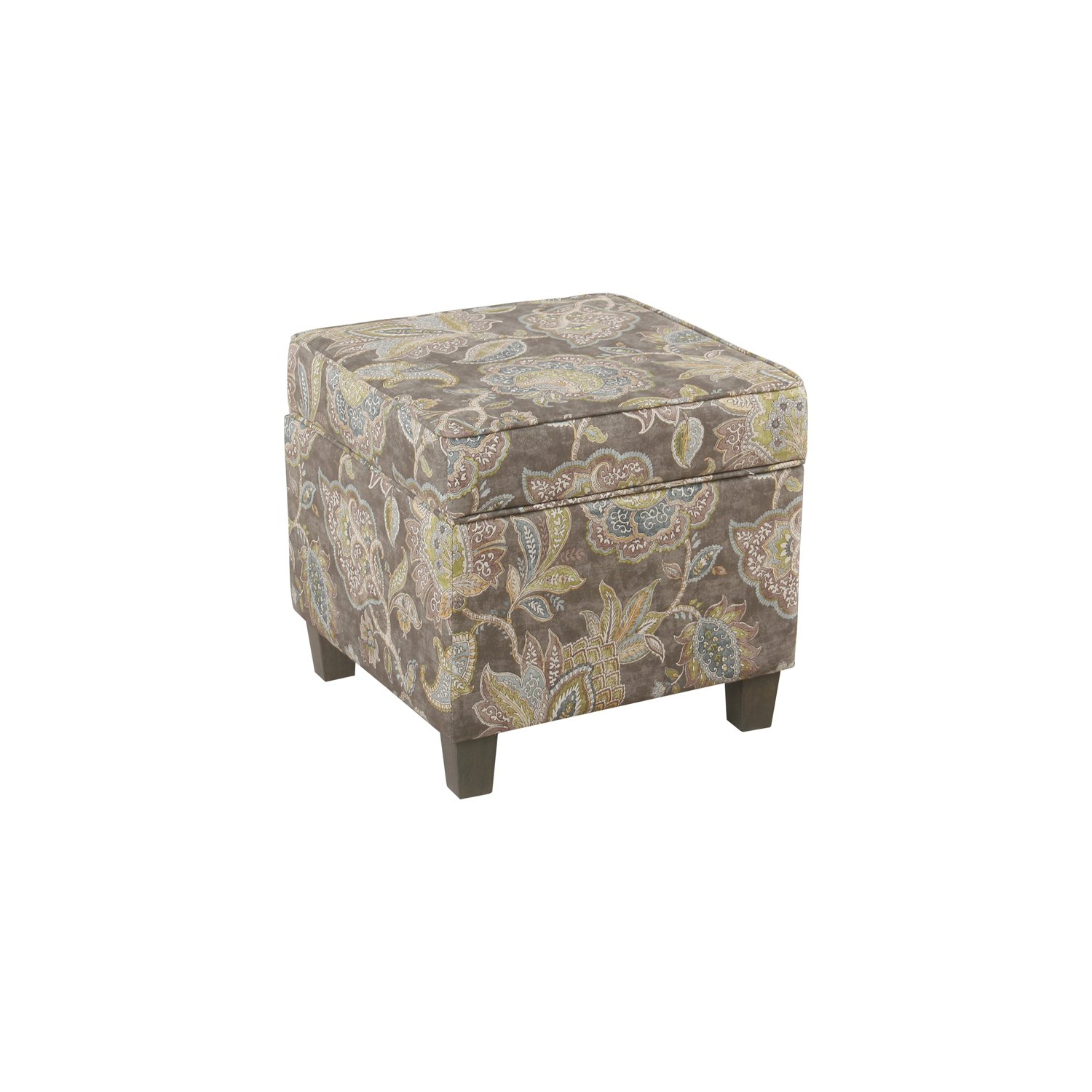 HomePop Square Fabric Floral Pattern Ottoman with Lift Off Lid in Brown/Gray