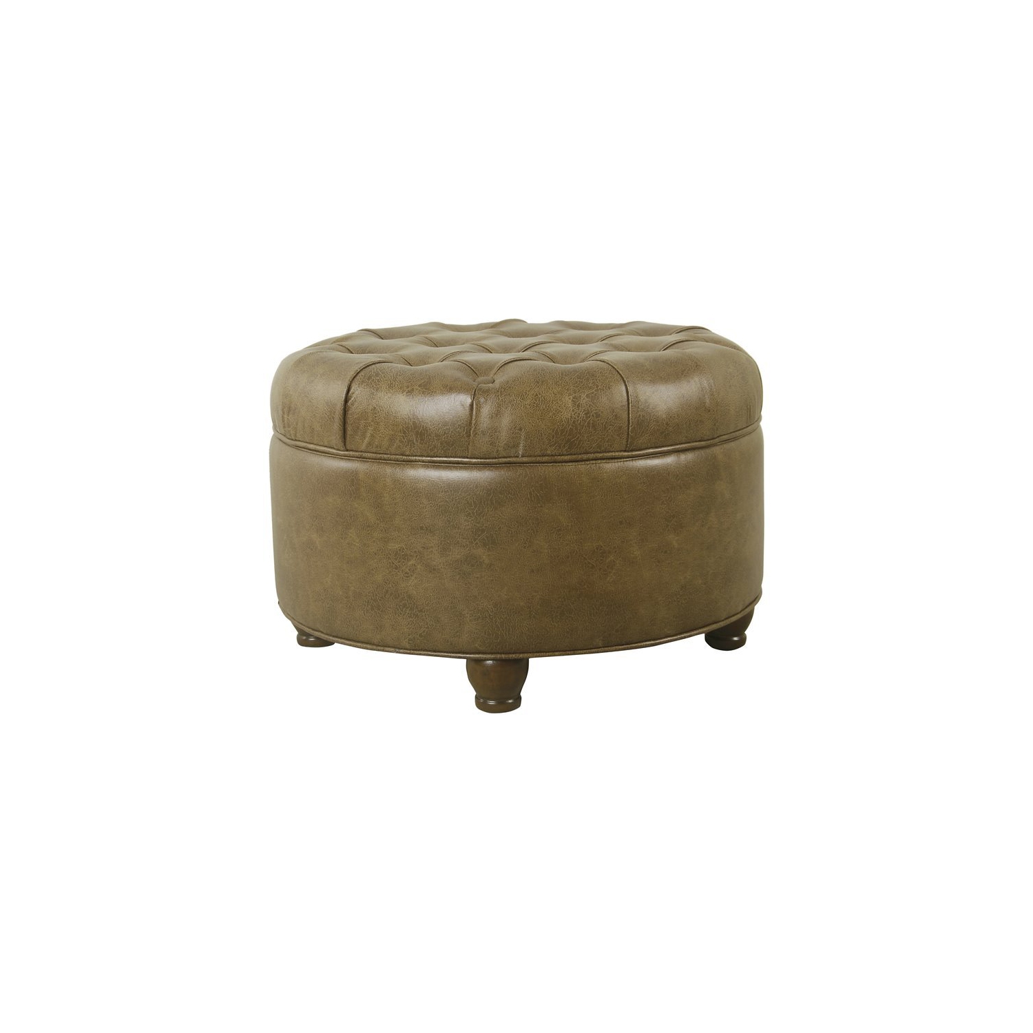 HomePop Round Traditional Faux Leather Large Storage Ottoman in Distressed Brown