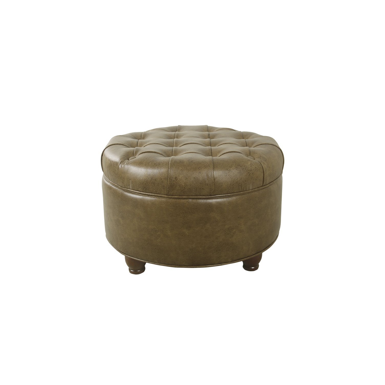 HomePop Round Traditional Faux Leather Large Storage Ottoman in Distressed Brown