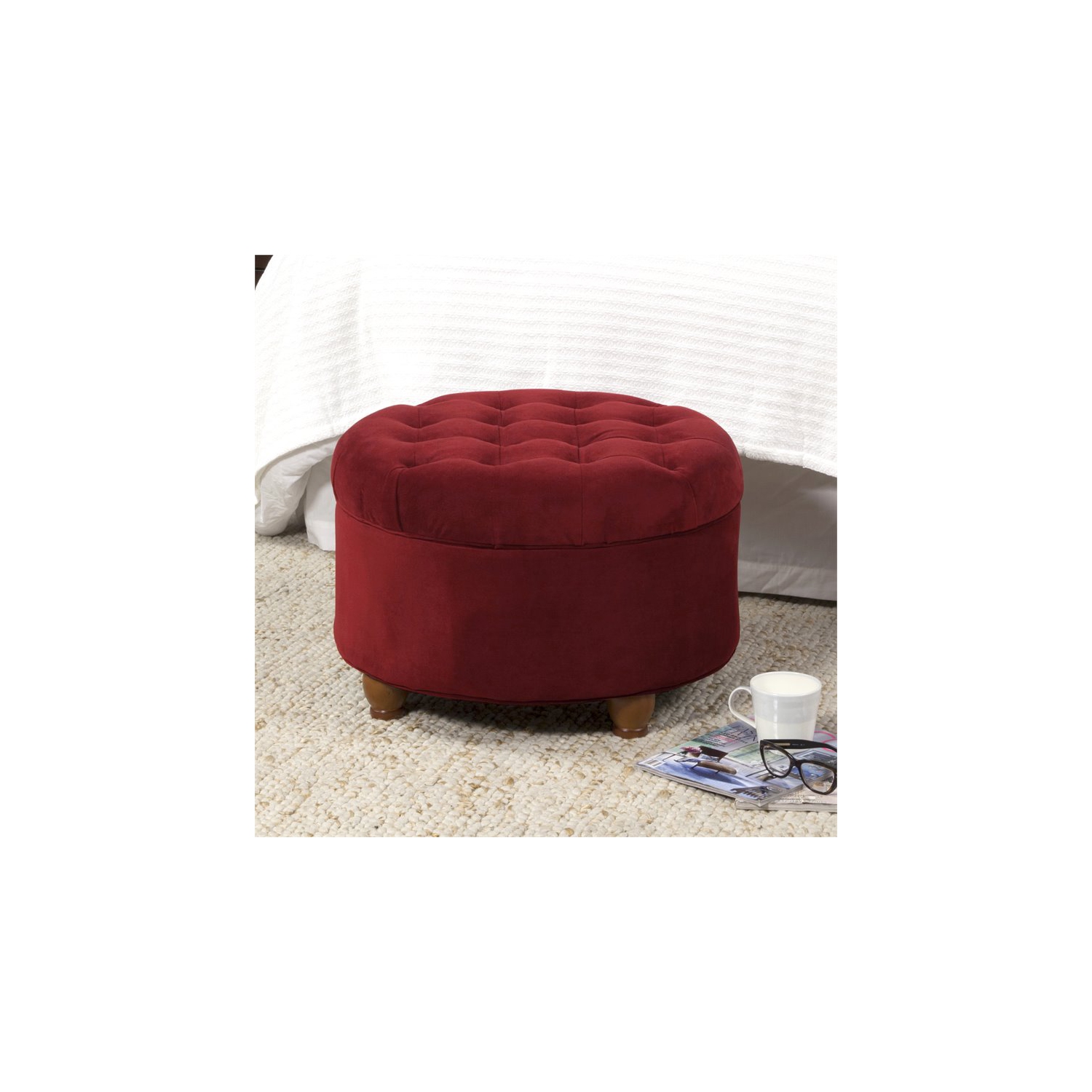 HomePop Round Traditional Wood and Velvet Storage Ottoman in Red