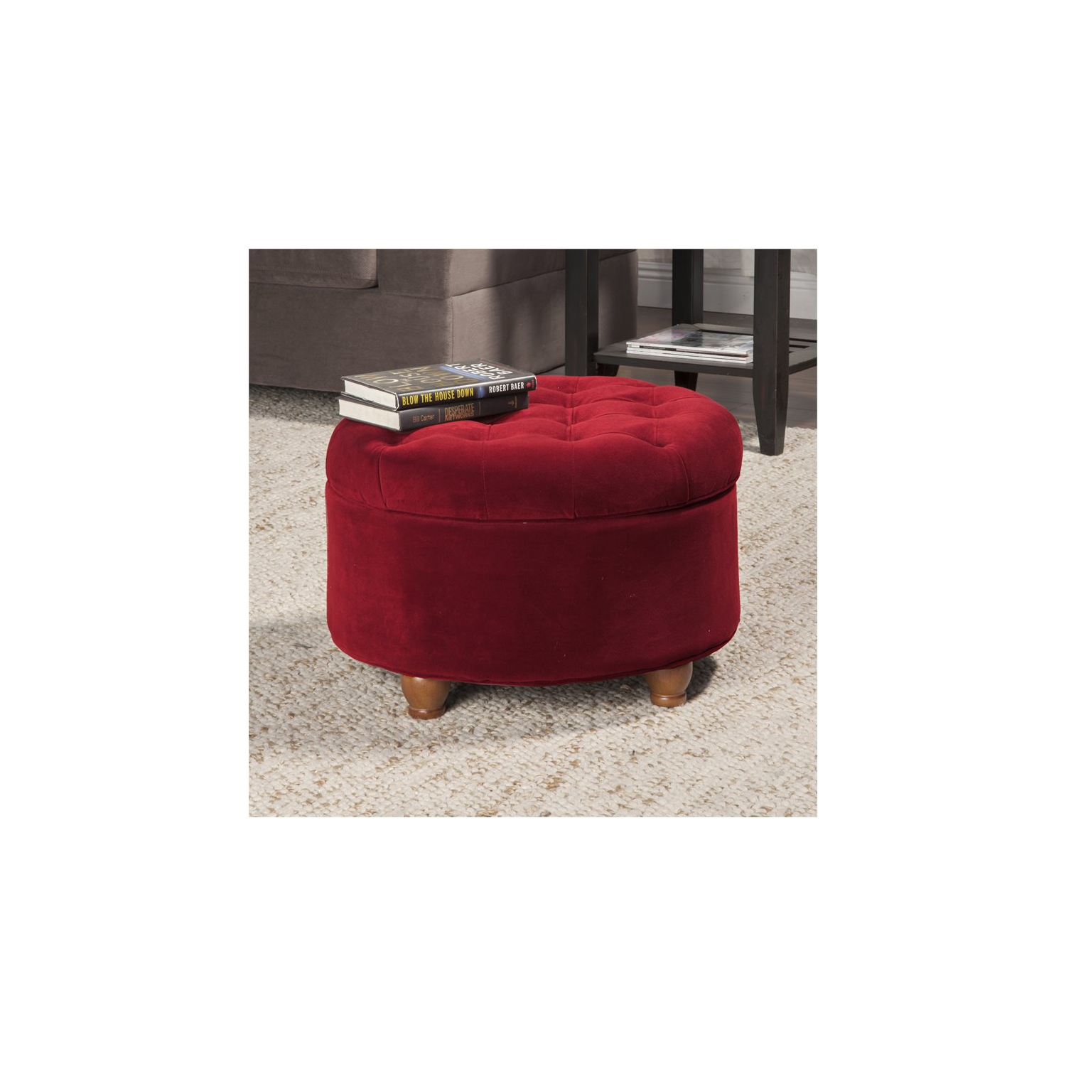HomePop Round Traditional Wood and Velvet Storage Ottoman in Red