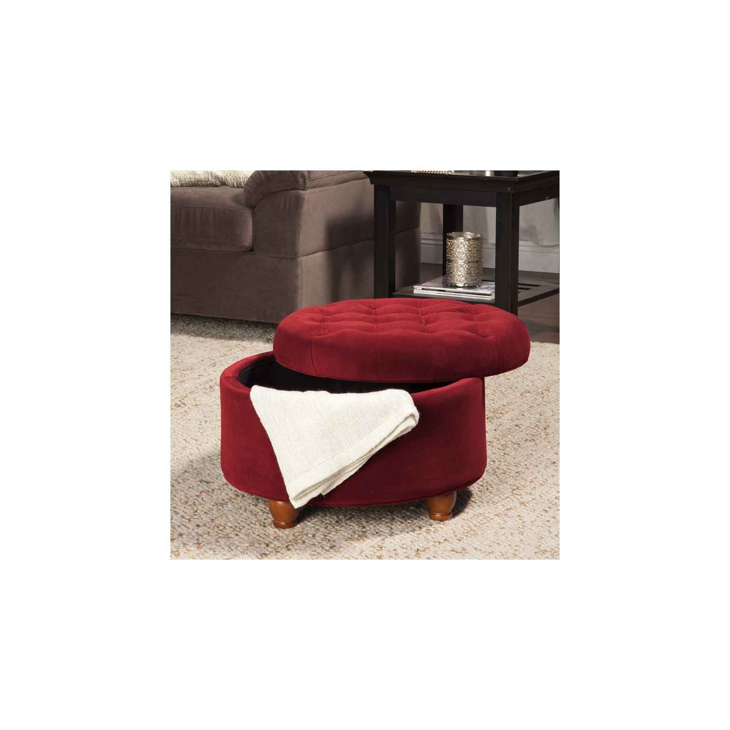 HomePop Round Traditional Wood and Velvet Storage Ottoman in Red