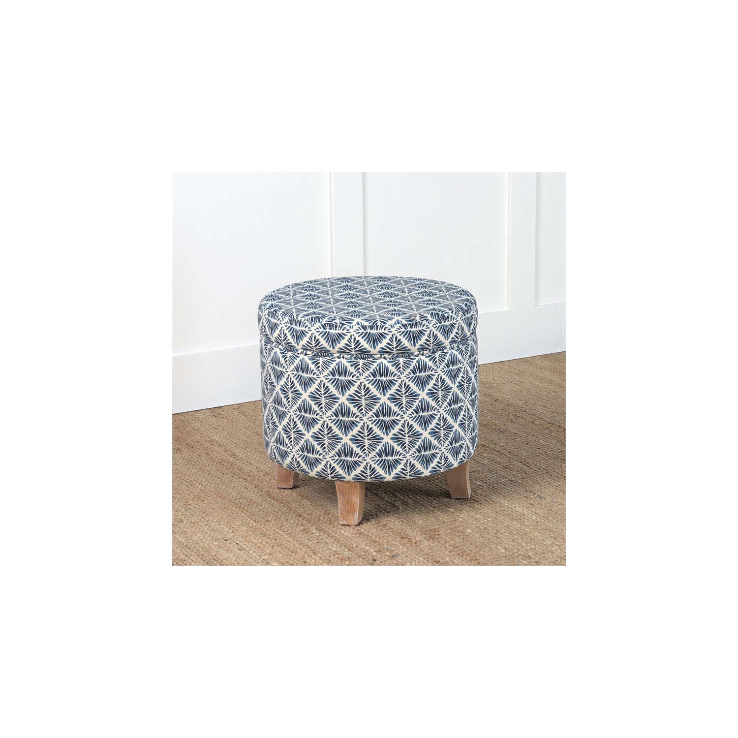 HomePop Cole Round Transitional Wood and Fabric Storage Ottoman in Blue