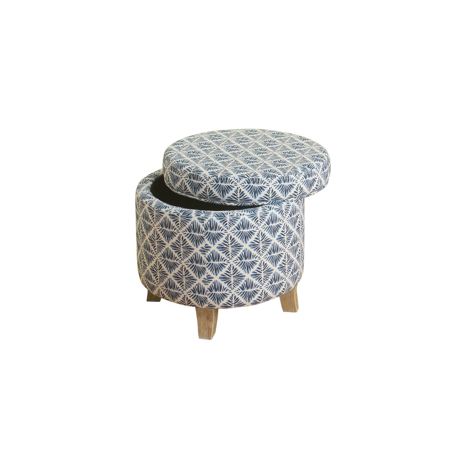 HomePop Cole Round Transitional Wood and Fabric Storage Ottoman in Blue