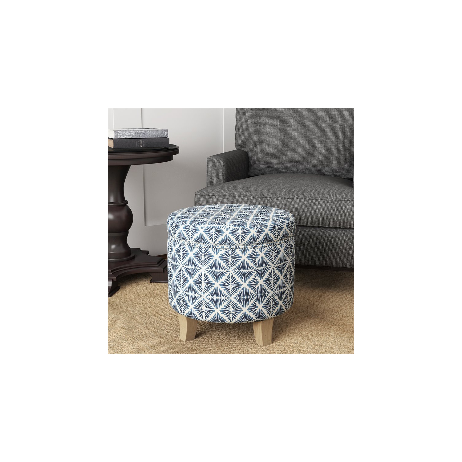 HomePop Cole Round Transitional Wood and Fabric Storage Ottoman in Blue