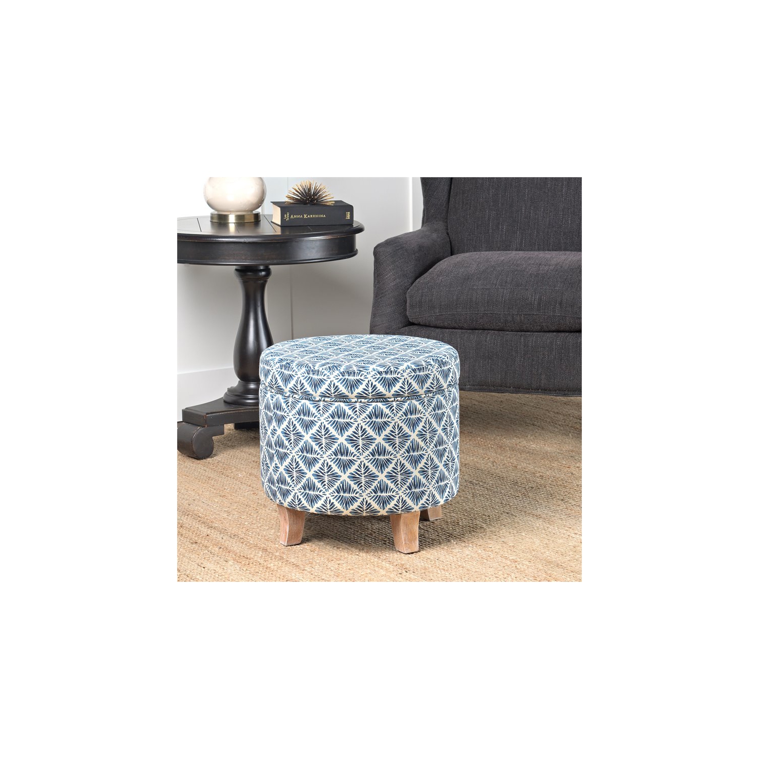 HomePop Cole Round Transitional Wood and Fabric Storage Ottoman in Blue