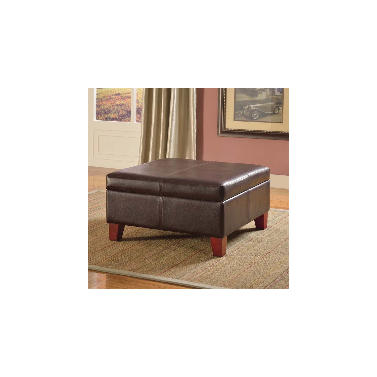 HomePop Transitional Faux Leather Storage Ottoman in Brown Finish