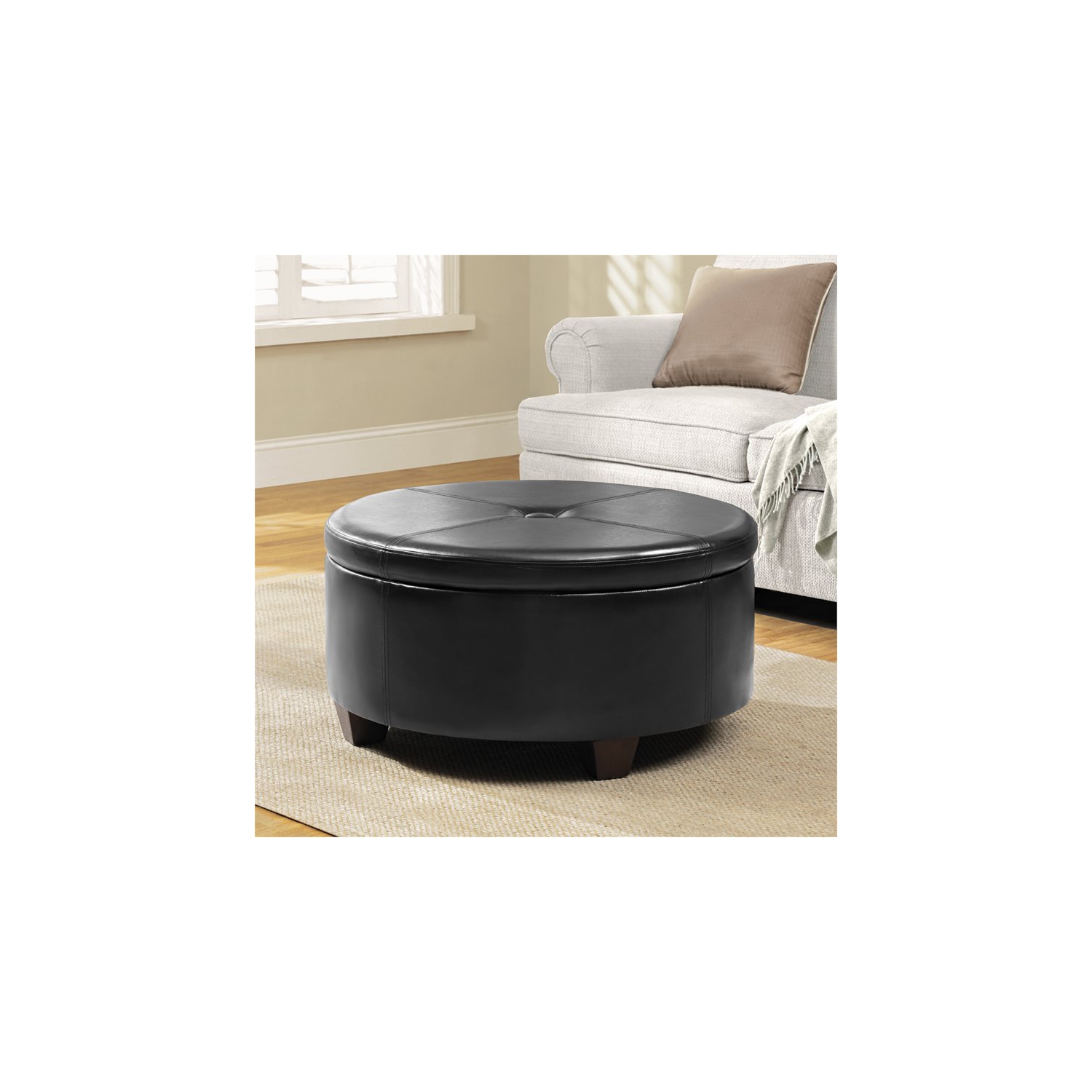 HomePop Winston Faux Leather Button-top Large Storage Ottoman in Black