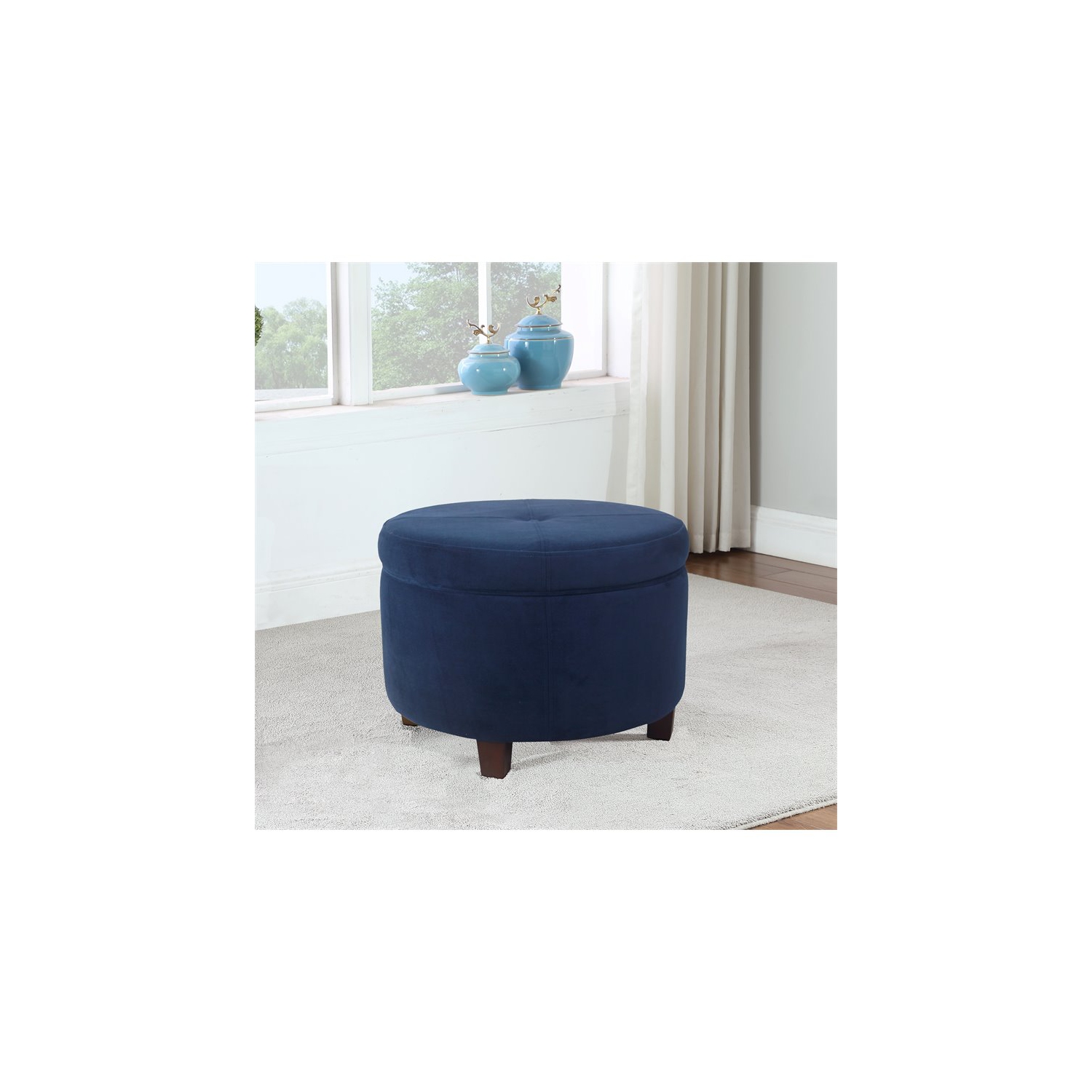 HomePop Transitional Wood and Velvet Large Storage Ottoman in Navy