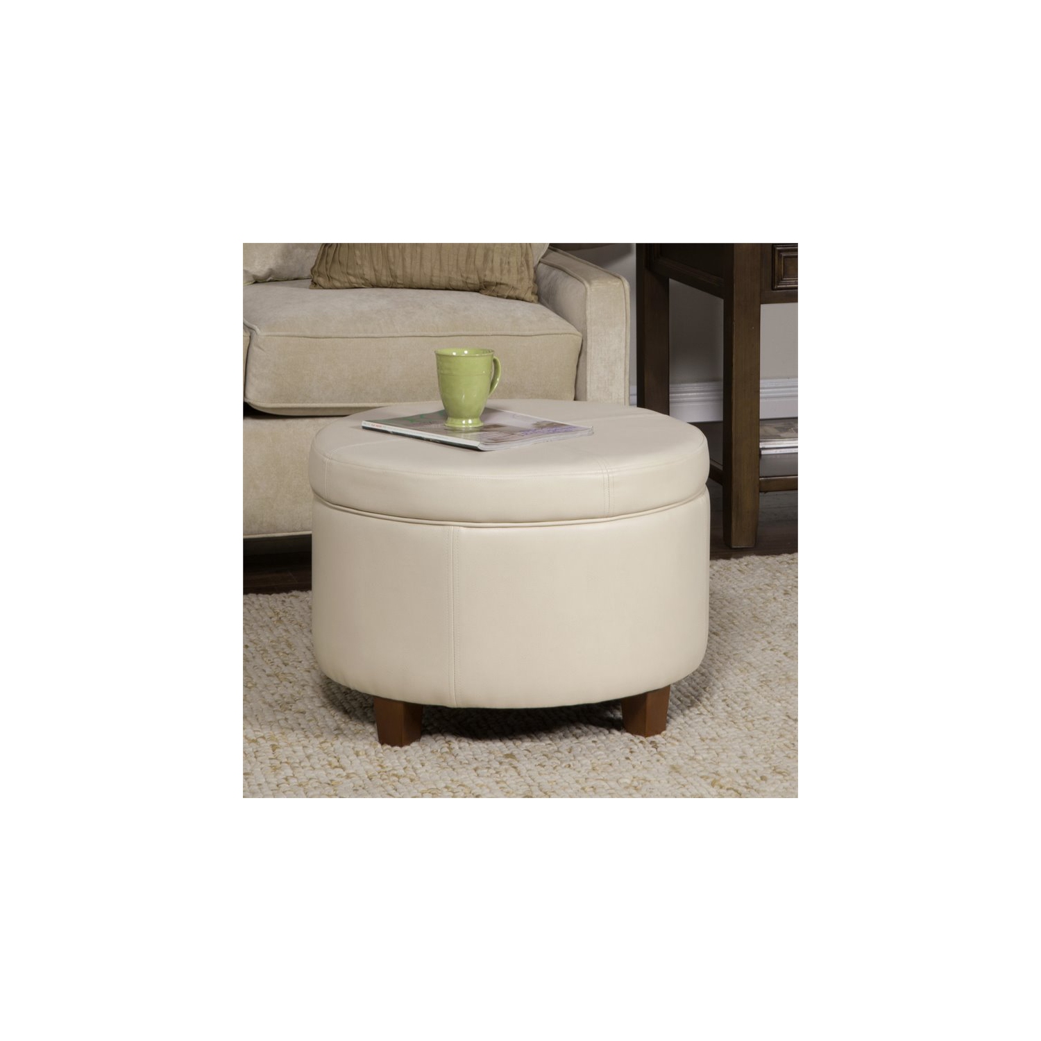 HomePop Transitional Faux Leather Large Storage Ottoman in Cream