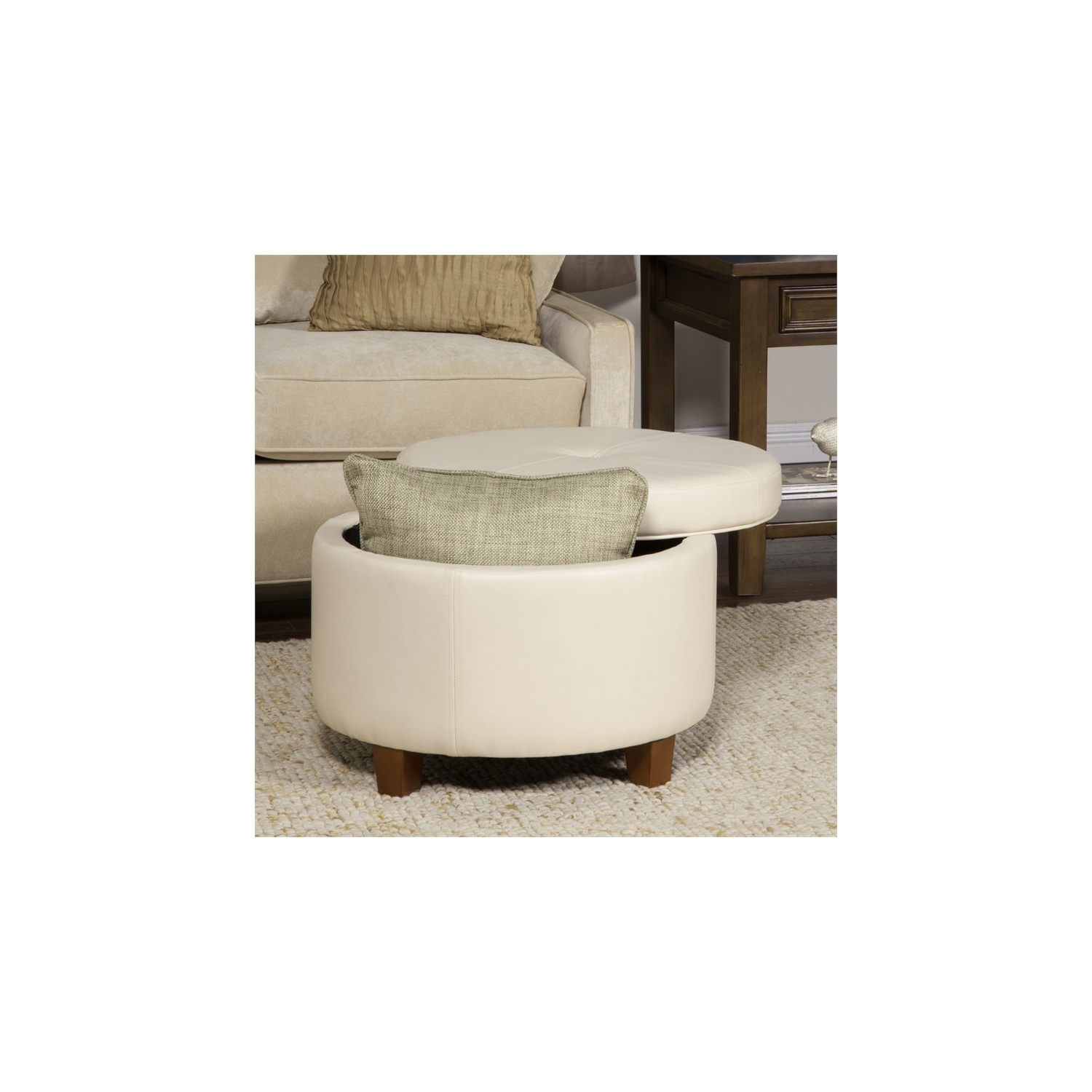 HomePop Transitional Faux Leather Large Storage Ottoman in Cream