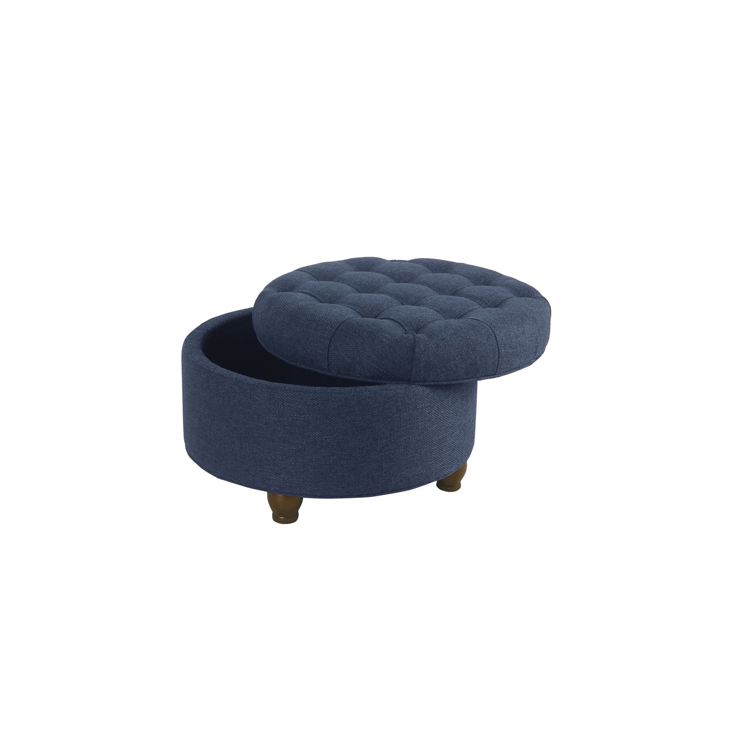 HomePop Round Traditional Wood and Fabric Large Storage Ottoman in Navy Blue