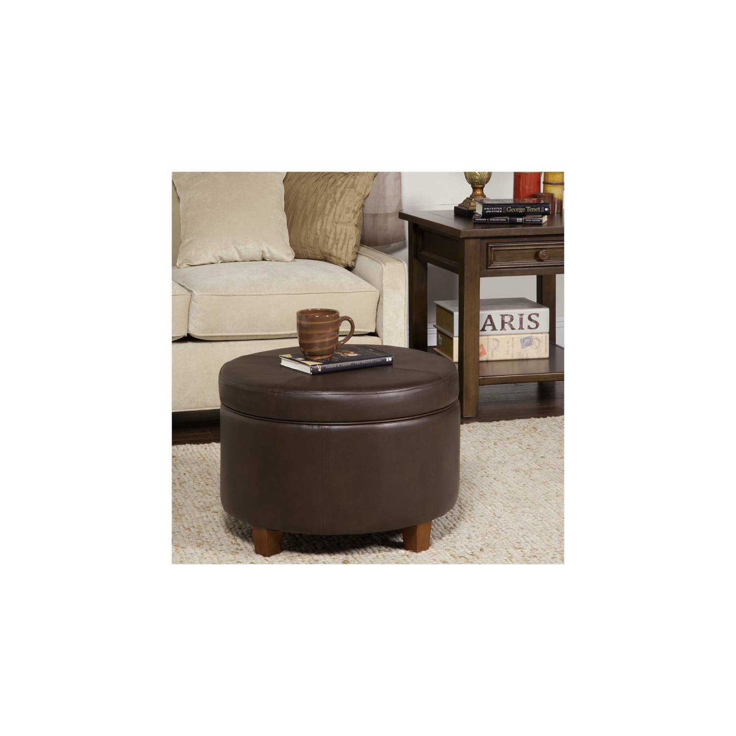 HomePop Transitional Faux Leather Large Storage Ottoman in Brown