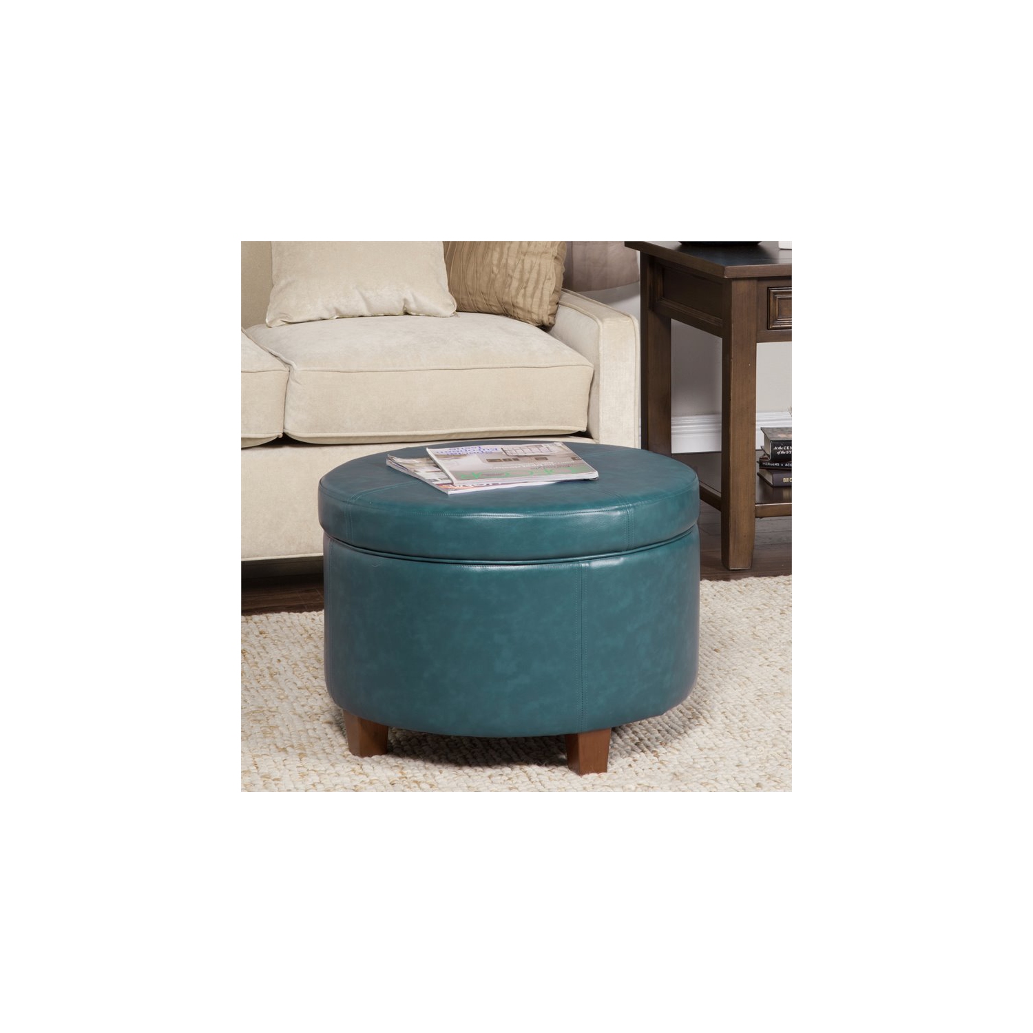 HomePop Transitional Faux Leather Large Storage Ottoman in Blue