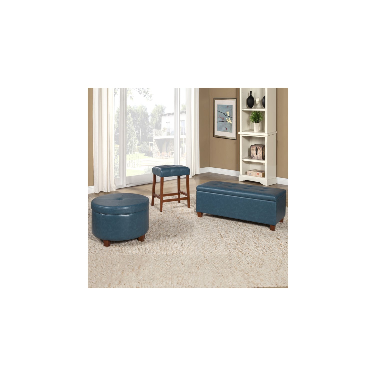 HomePop Transitional Faux Leather Large Storage Ottoman in Blue