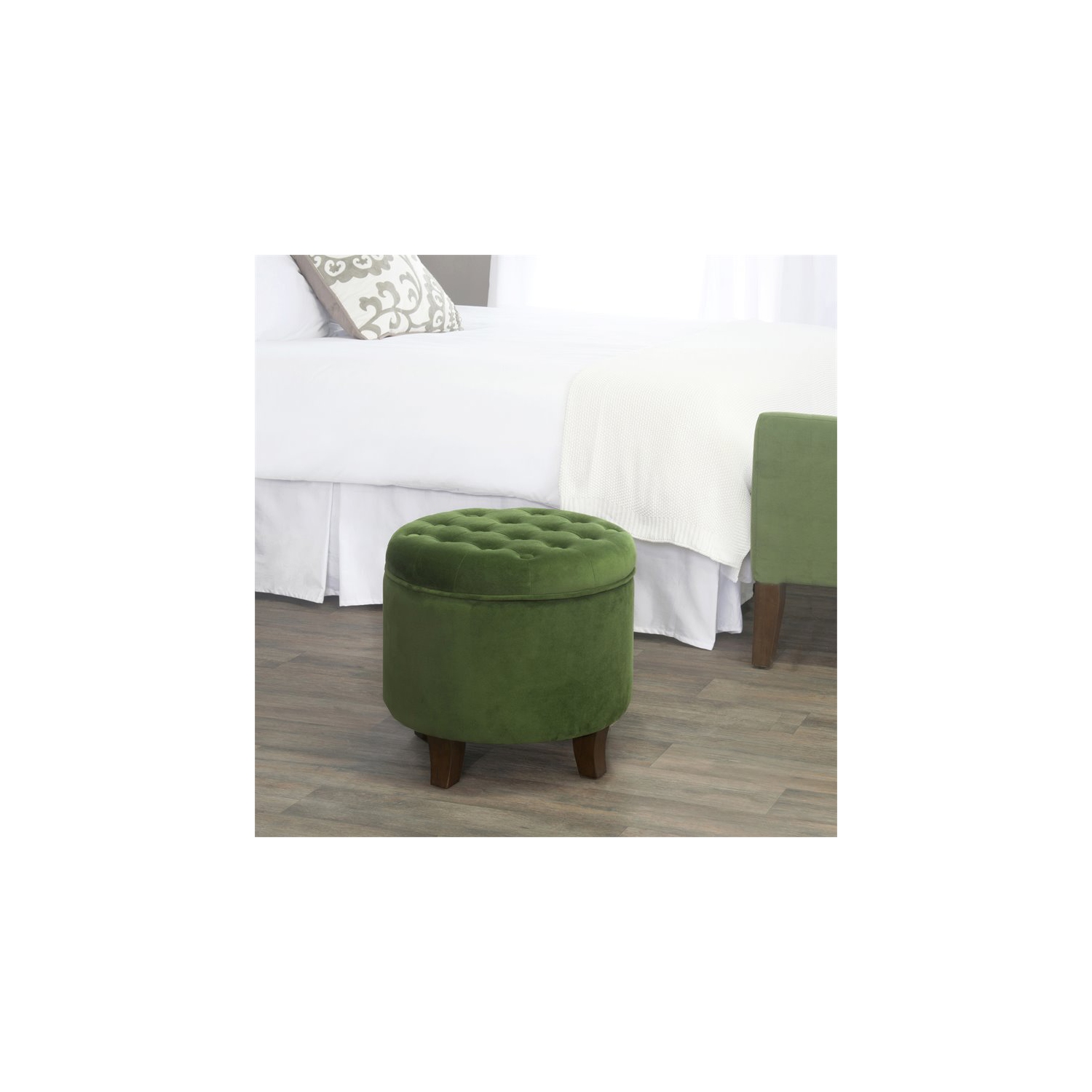 Homecoming – Pouf de rangement rond en velours et en bois de style transitionnel, vert