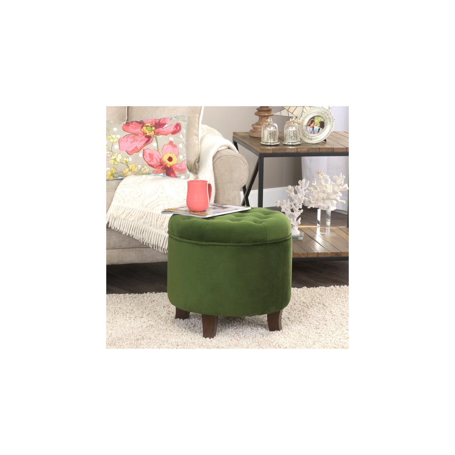 Homecoming – Pouf de rangement rond en velours et en bois de style transitionnel, vert
