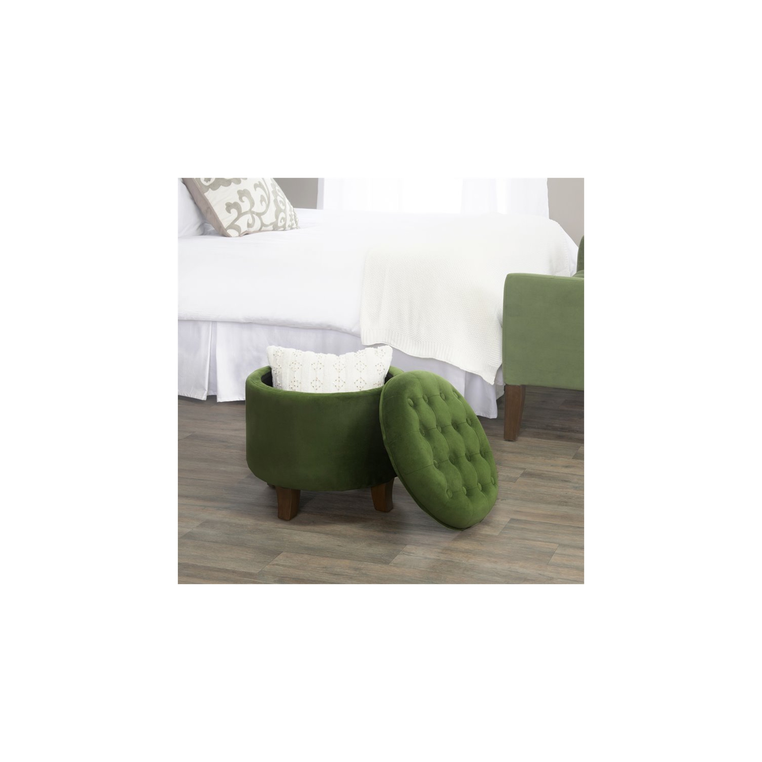 Homecoming – Pouf de rangement rond en velours et en bois de style transitionnel, vert