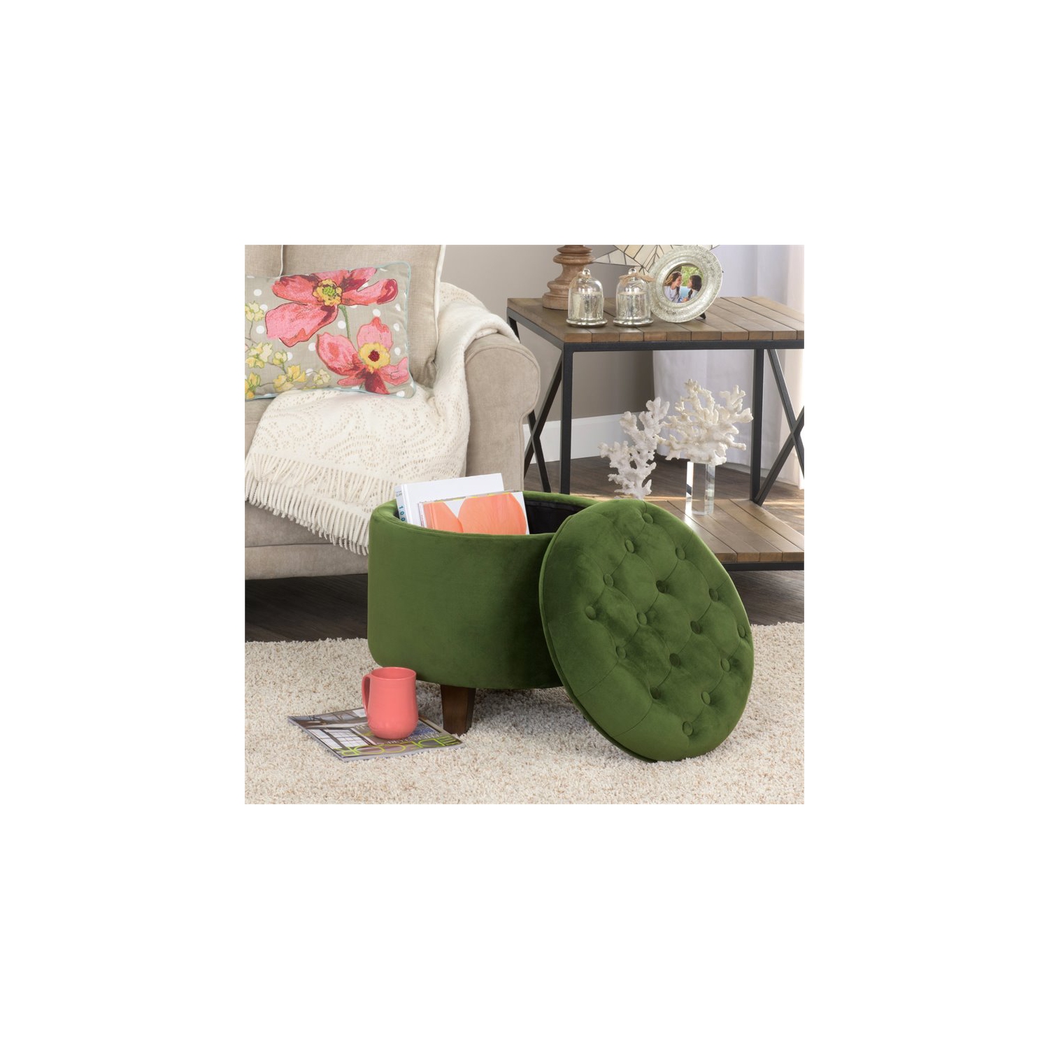 Homecoming – Pouf de rangement rond en velours et en bois de style transitionnel, vert