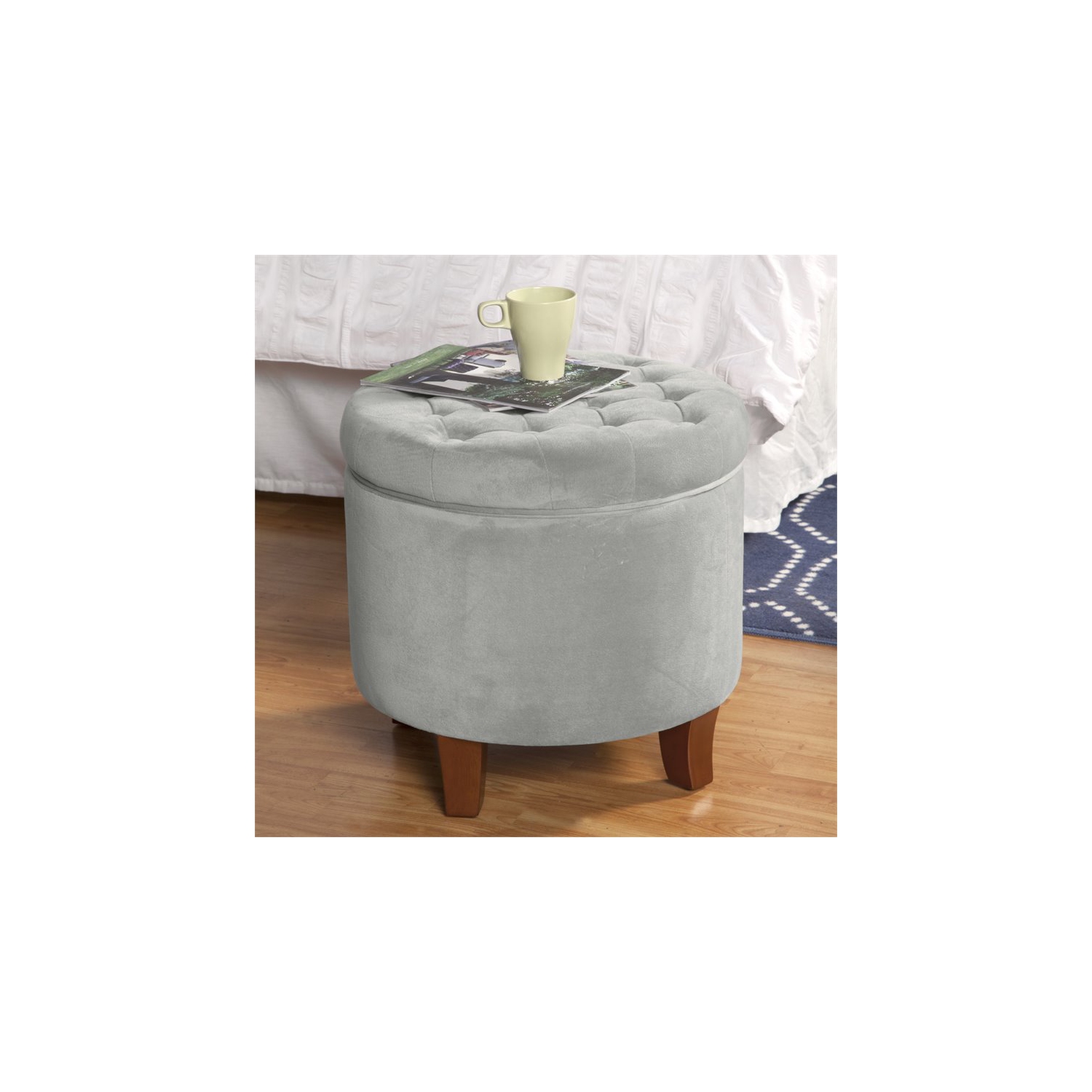 HomePop Round Transitional Wood and Velvet Ottoman with Storage in Gray