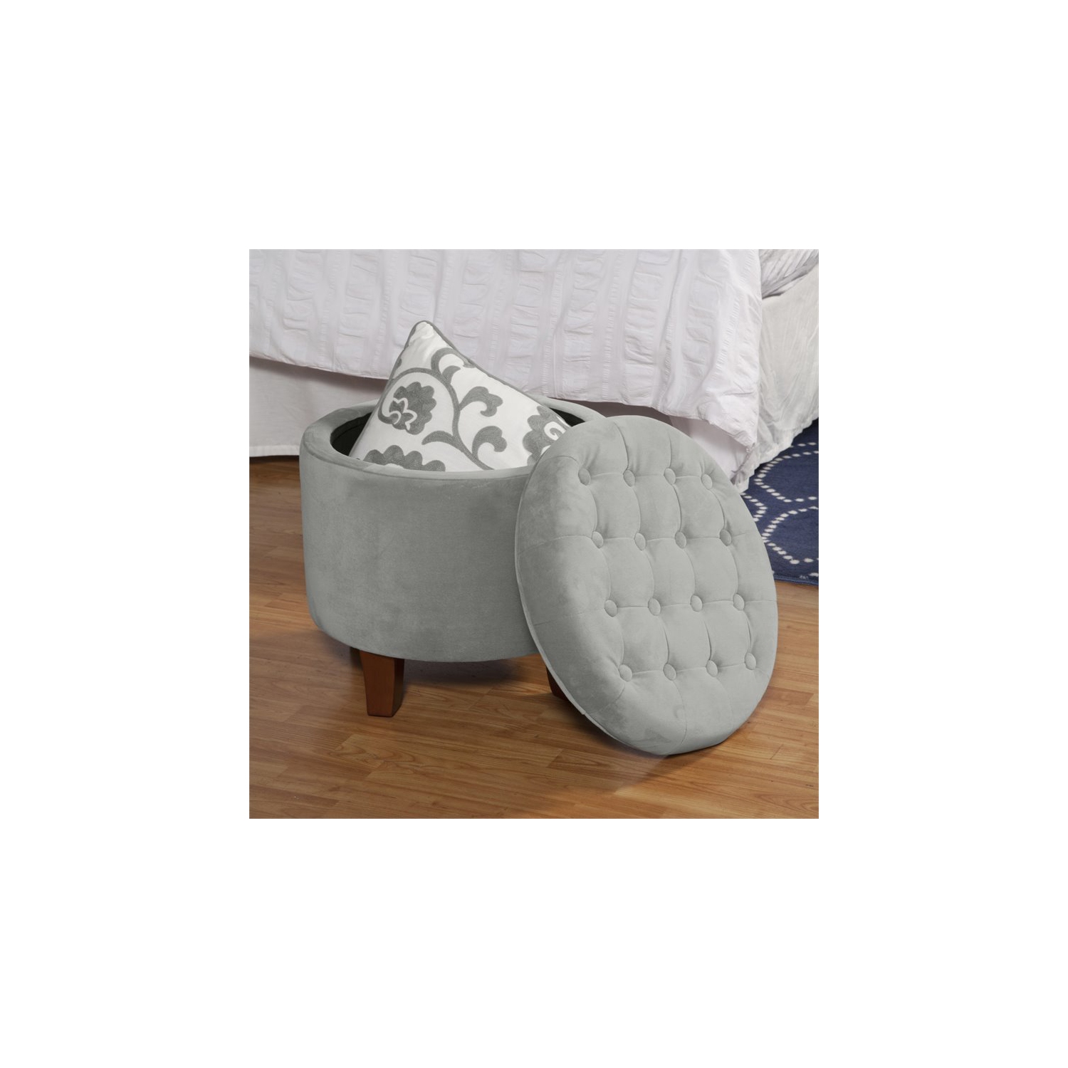 HomePop Round Transitional Wood and Velvet Ottoman with Storage in Gray