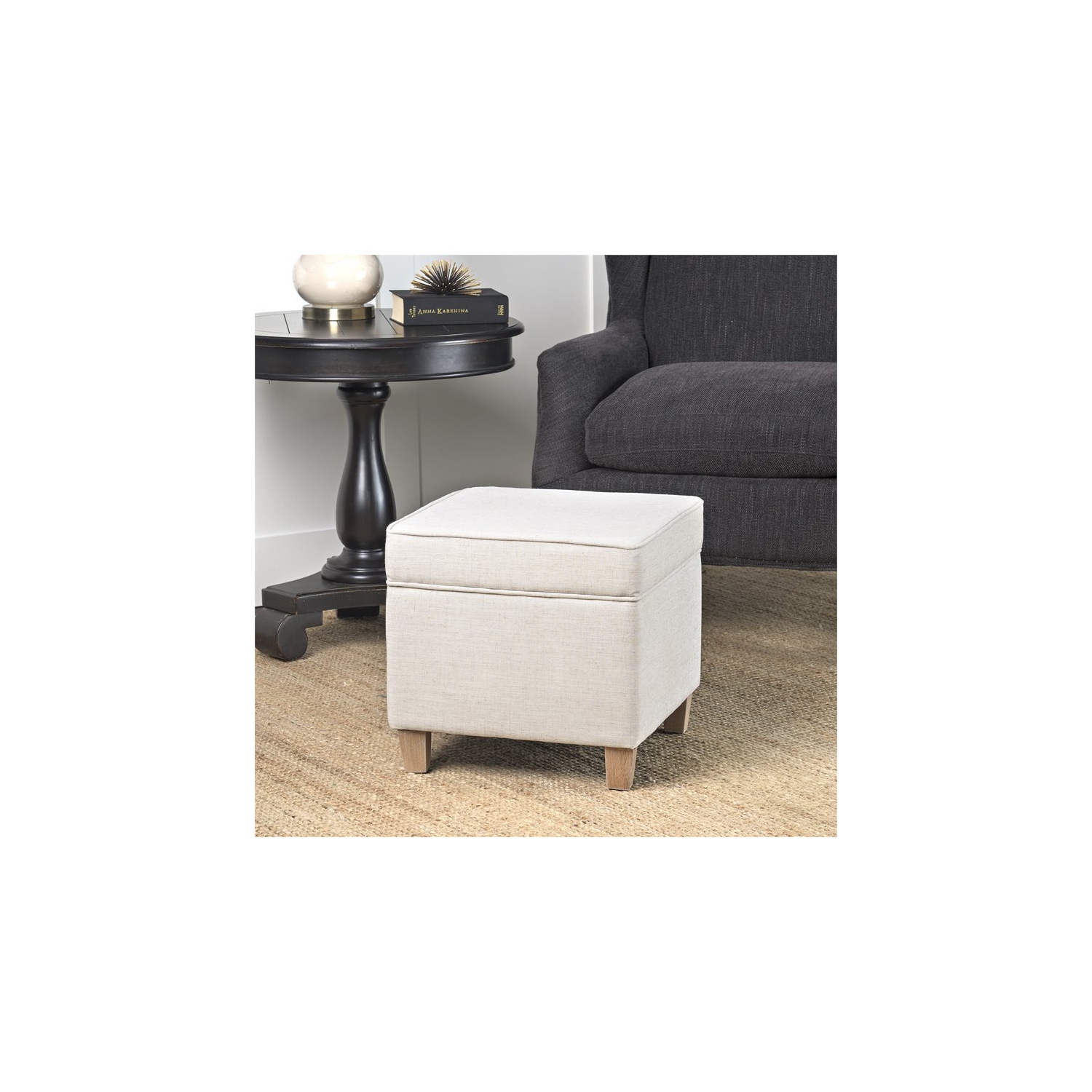 HomePop Cole Square Transitional Wood and Fabric Storage Ottoman in Cream