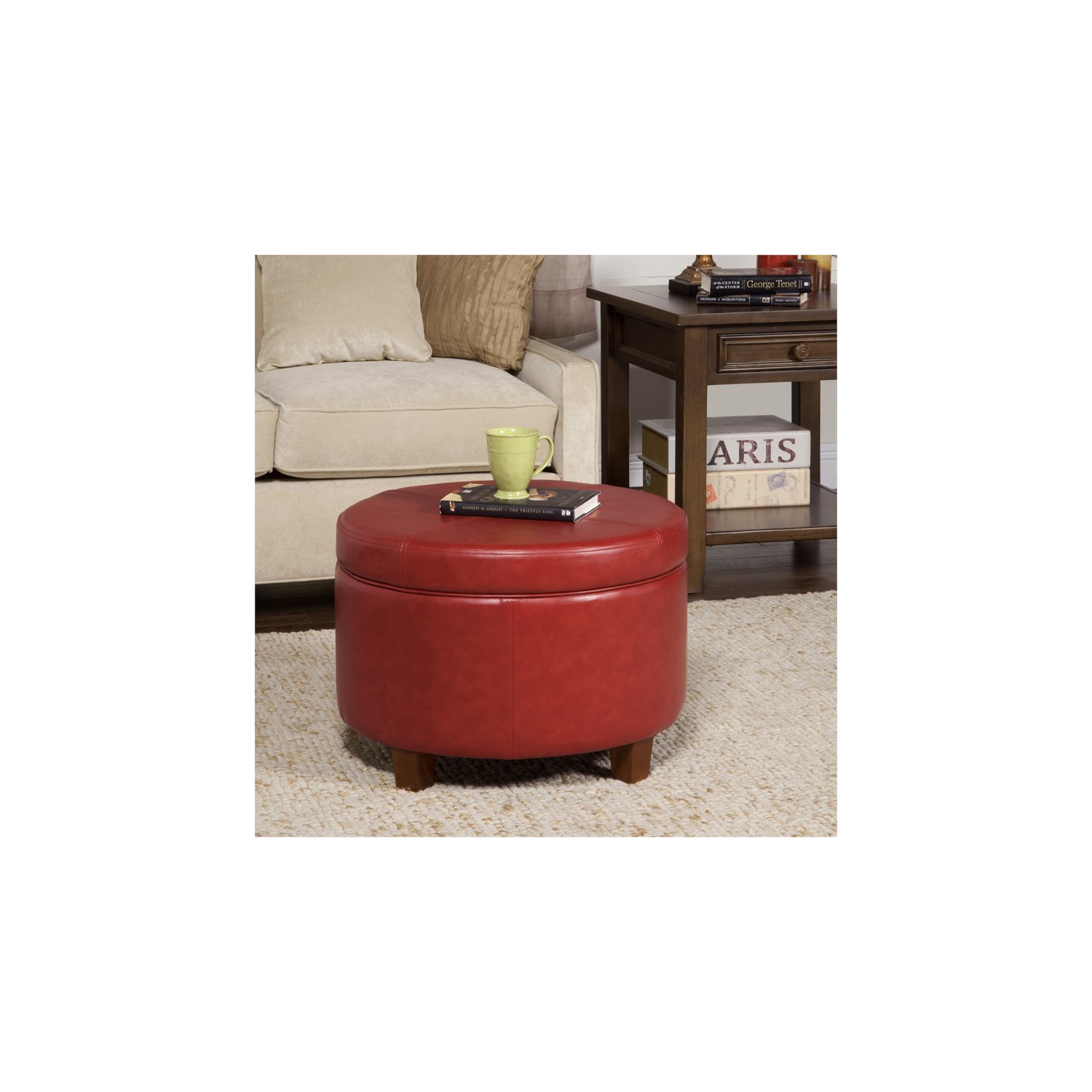 HomePop Transitional Faux Leather Large Storage Ottoman in Red