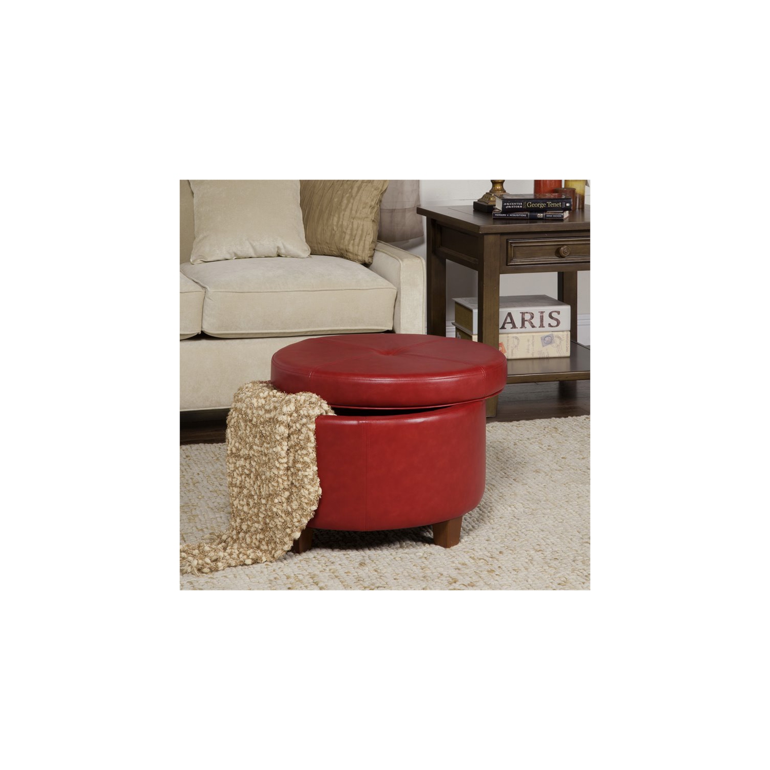 HomePop Transitional Faux Leather Large Storage Ottoman in Red