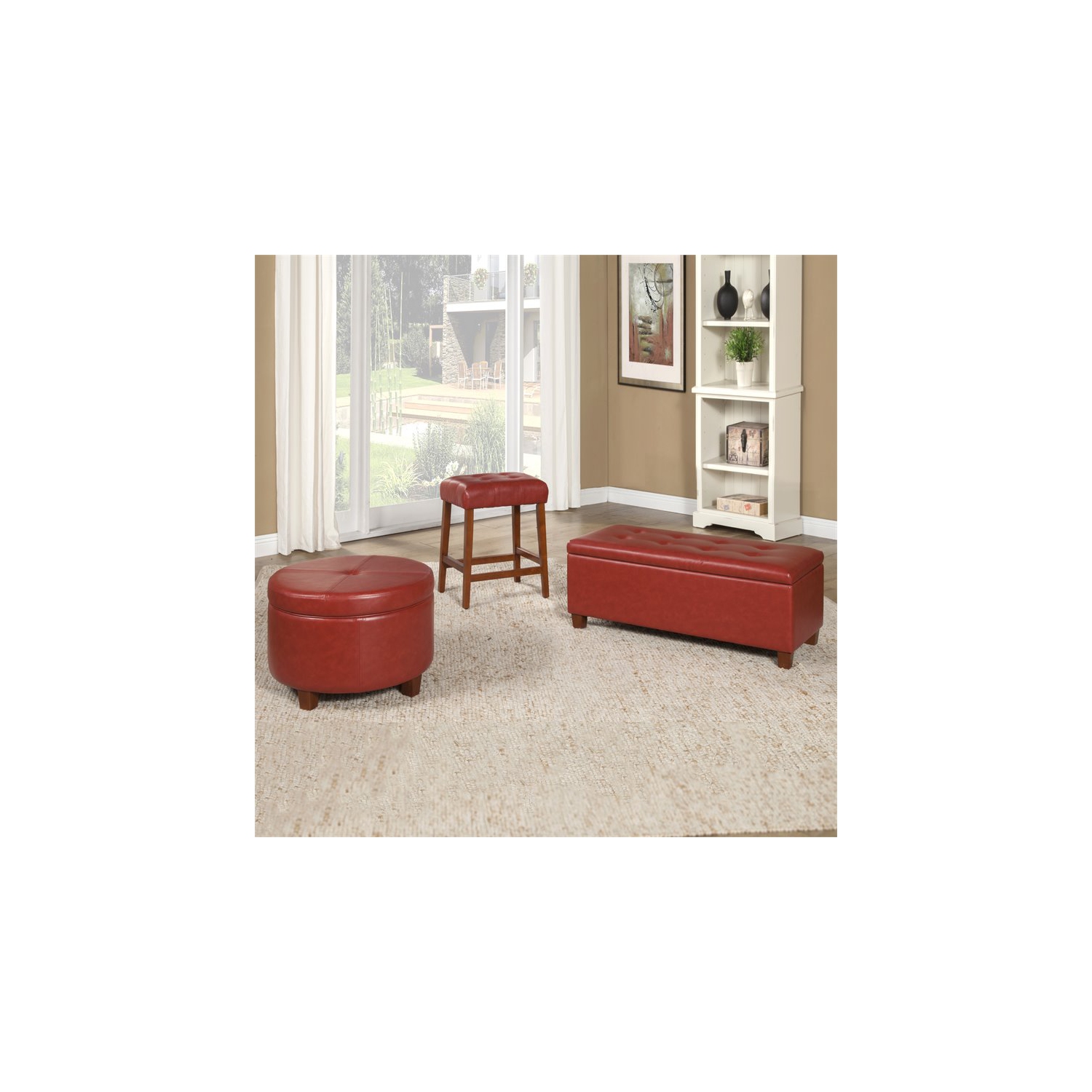 HomePop Transitional Faux Leather Large Storage Ottoman in Red