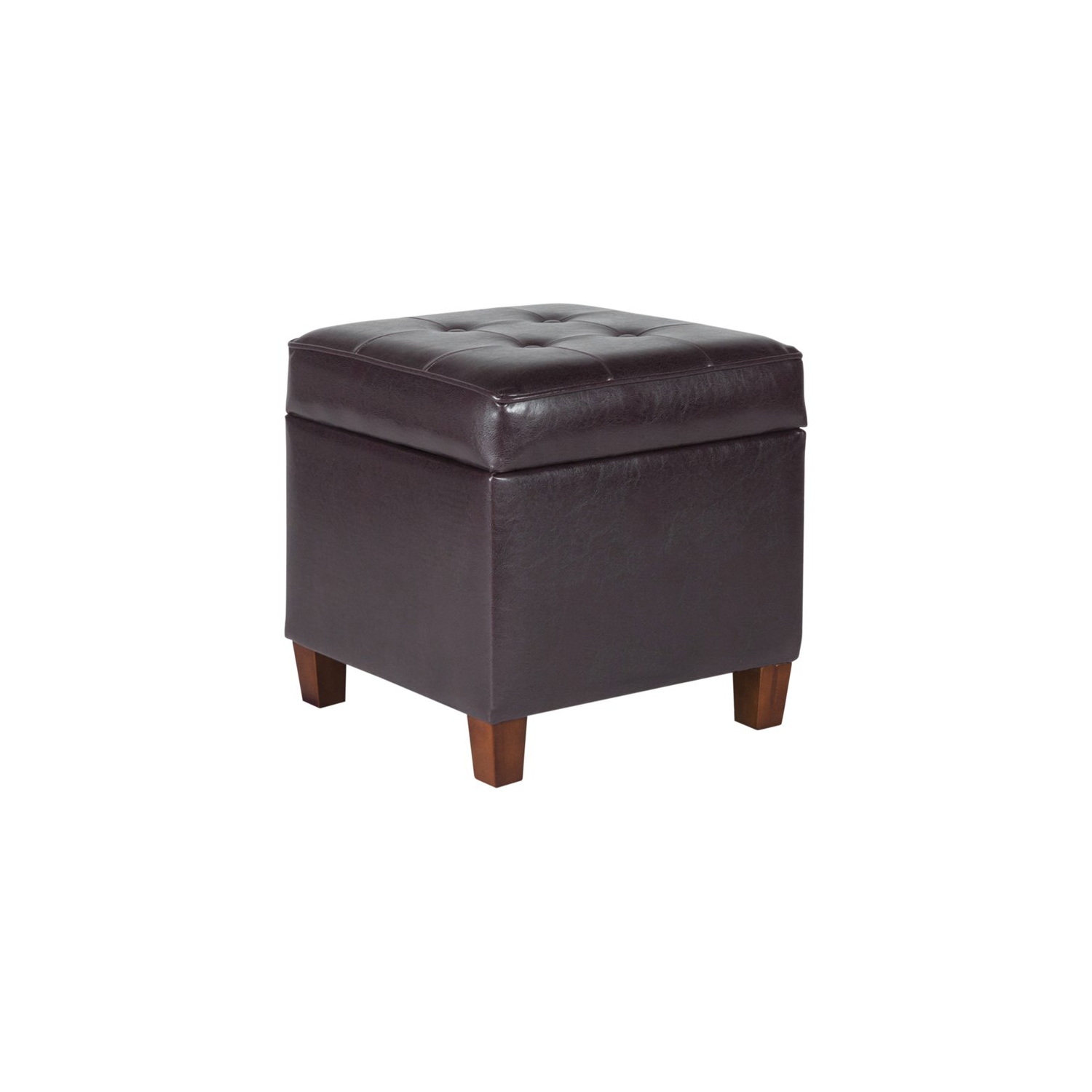 HomePop Square Transitional Wood and Faux Leather Storage Ottoman in Brown