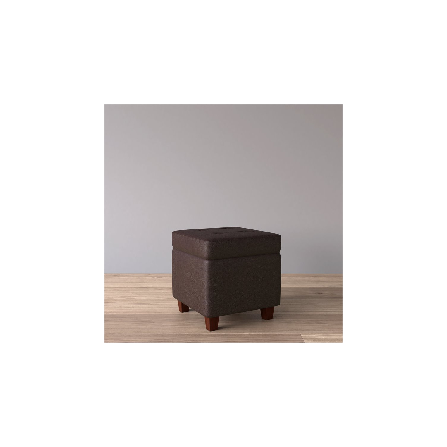 HomePop Square Transitional Wood and Faux Leather Storage Ottoman in Brown
